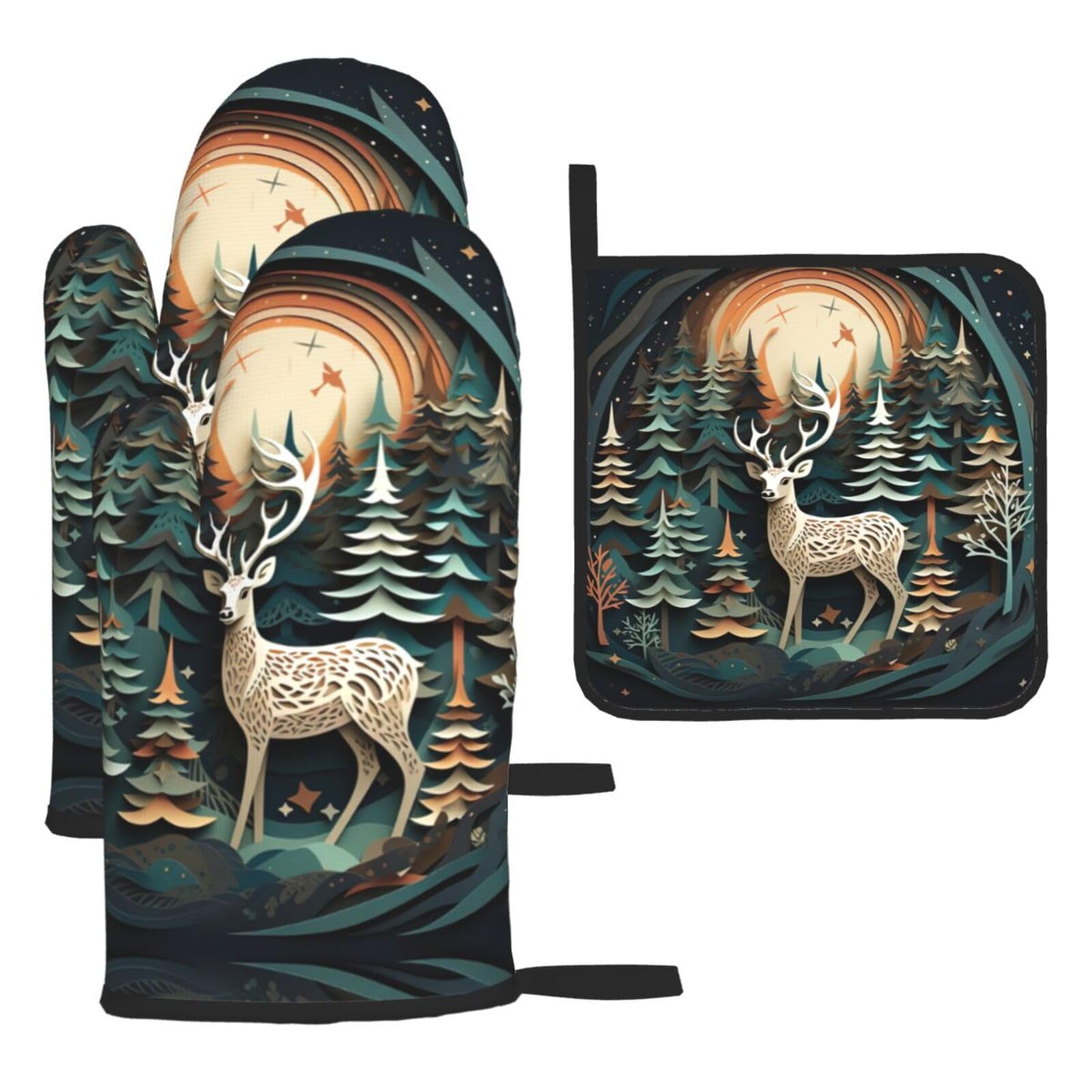 Christmas Deer Print Oven Mitts and Pot Holders Sets of 4,Resistant Hot Pads with Non-Slip Gloves for Kitchen,Cooking