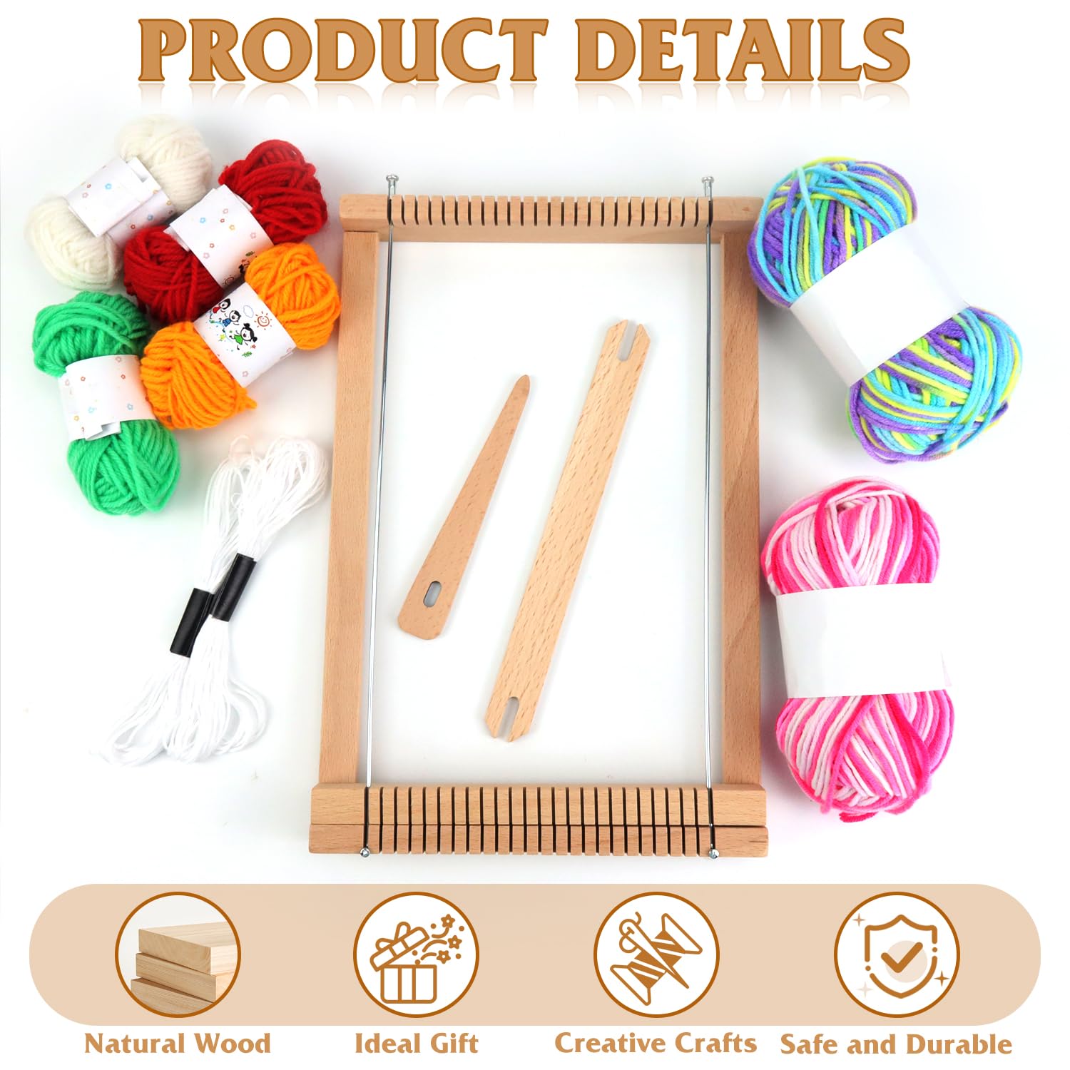 Qcdou Telaio per Bambini, Telaio per Tessitura in Legno Set, con Lana Colorata, Bastoncino per Tessitura, Pettine, Ago per Tessitura in Legno, 19 x 29 cm Cornice per Maglia, per Bambini Principianti
