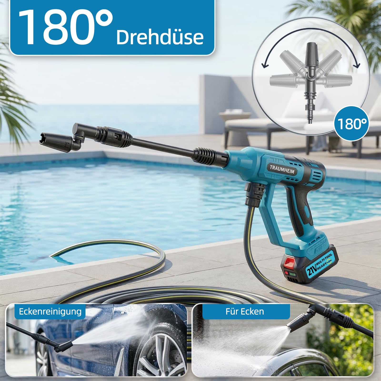 Limpiador de alta presión con batería, modo de 4 velocidades, máx. 150 bar, Hydro Blast, limpiador de alta presión móvil multifuncional con 2 baterías de 4,0 Ah, boquilla giratoria 6 en 1 y 180° para