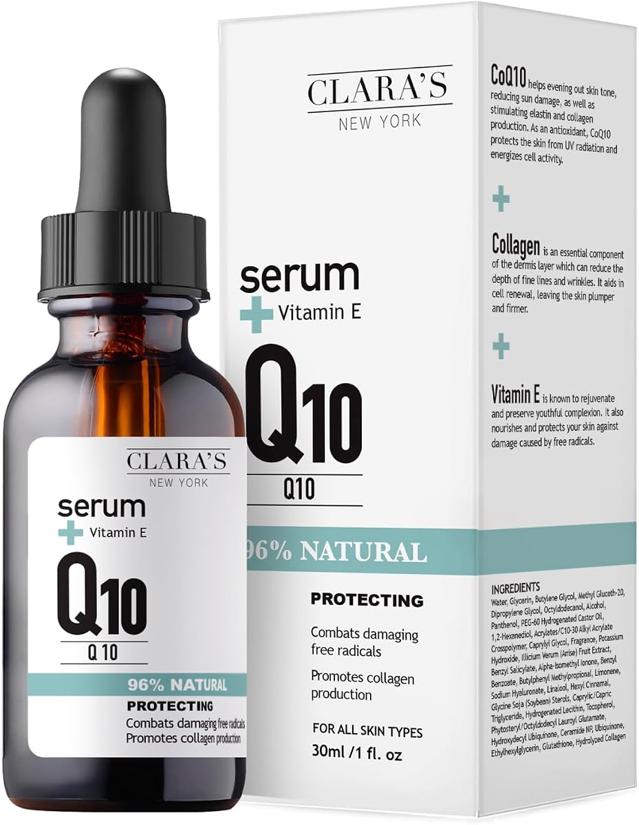 CLARA'S NEW YORK Q10 Suero facial con vitamina E – Hidratante, iluminador y de apoyo para la piel – 30 ml / 1 Fl Oz – Hecho en EE. UU.