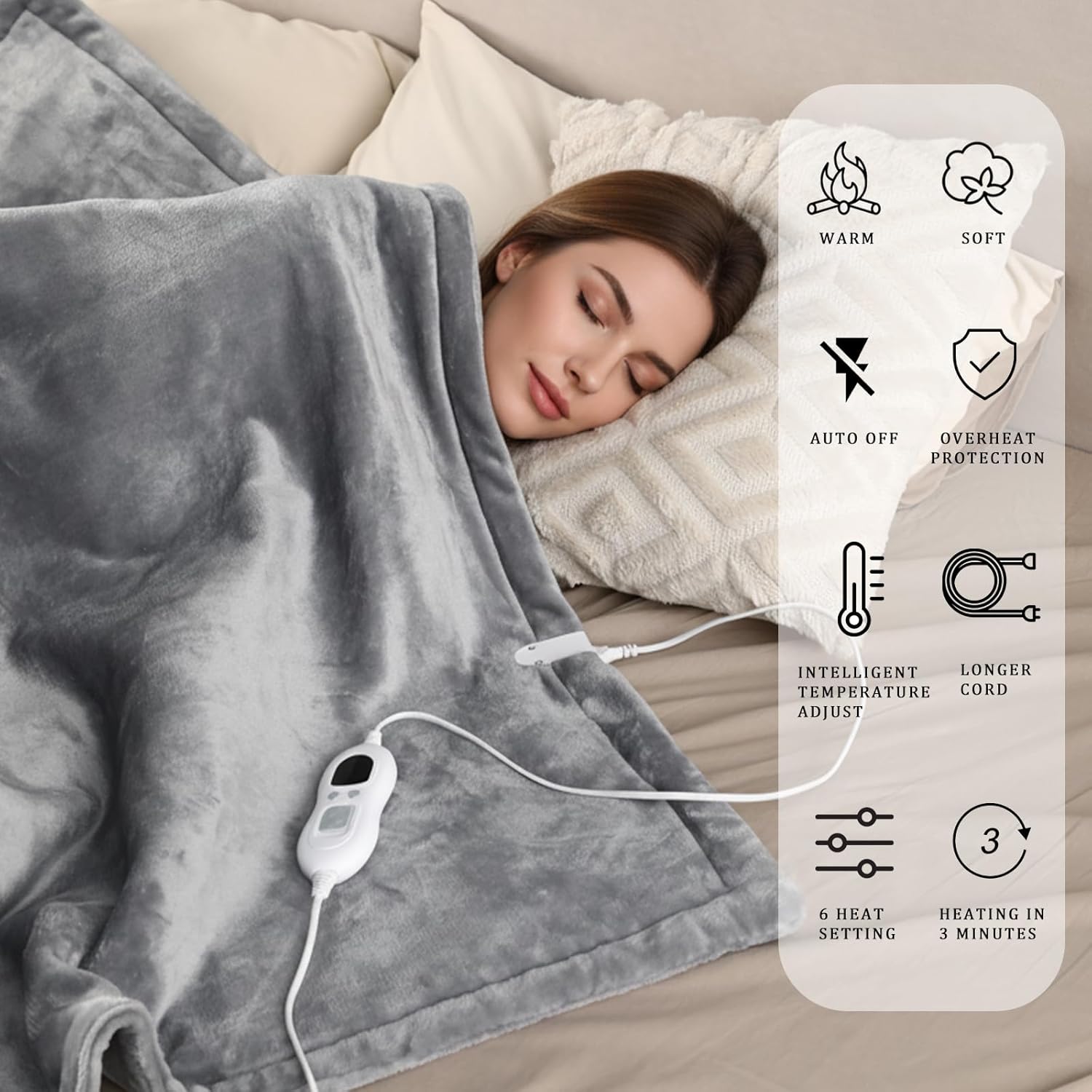 Heated Blanket Electric Throw 60"x84", 8lbs Thick Flannel Heating Blanket, 6 Heat Levels & 9 Hours Auto Off, Machine Washable Overheated Protection Electric Quilt for Couch, Bed, Sofa (Gray) - Image 5