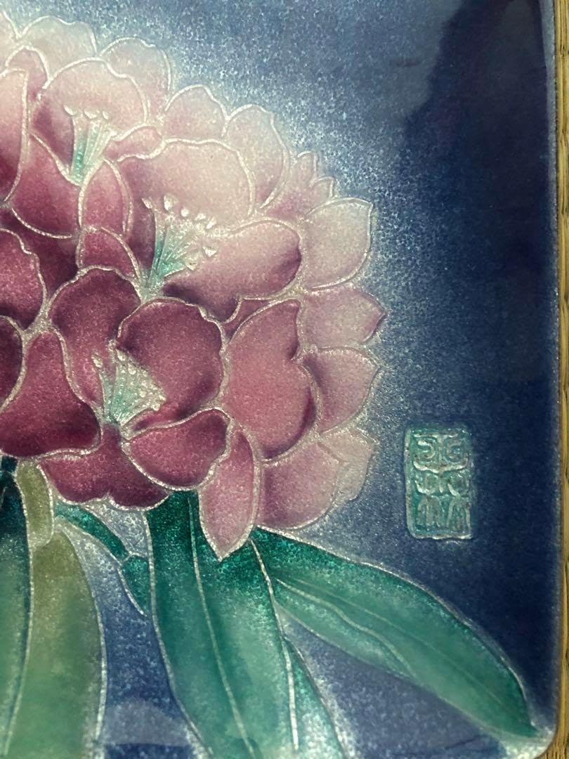 七宝焼　tutanka 花柄角皿　シャクナゲ 七宝焼 tutanka 花柄角皿 シャクナゲ 七宝焼 tutanka 花柄角皿