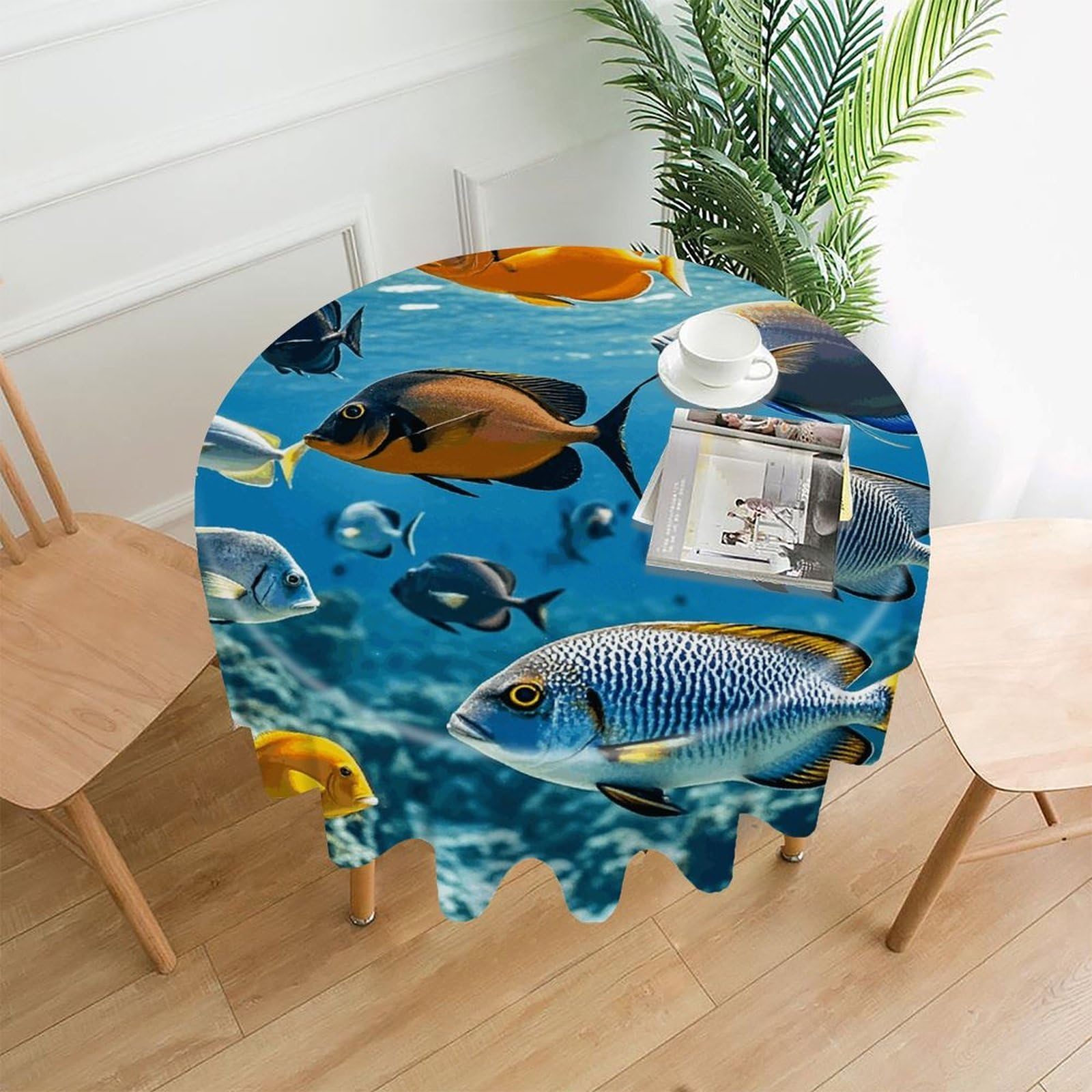 LZQPOEAS Fish in The Sea Tablecloth Decorative Round Table Cloth Wrinkle Resistant Round Tablecloth Washable Circle Table Cover for Kitchen Dining Party Wedding Camping 60 Inch