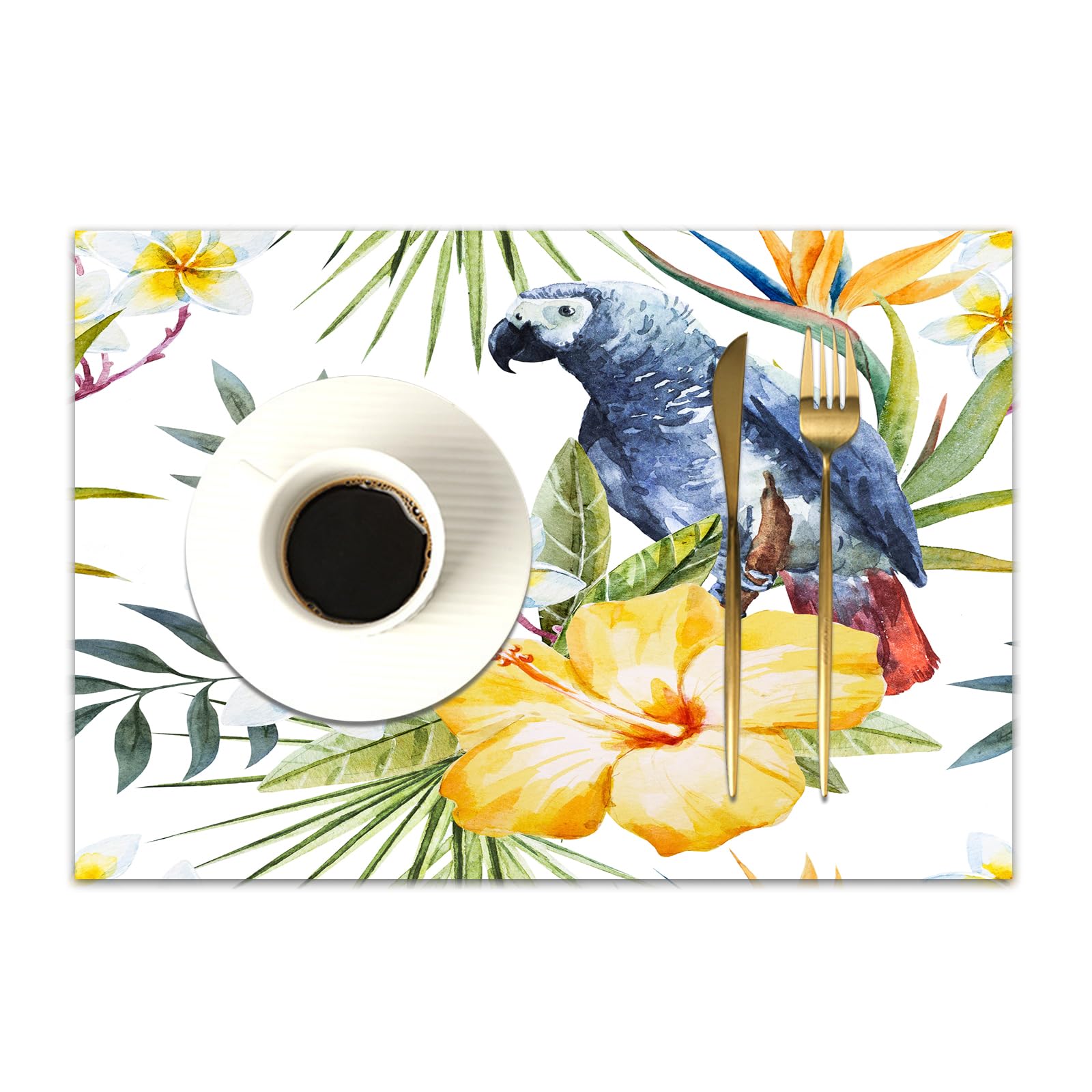 DASNK Table Mats Set of 4 Woven Vinyl Place Mats for Dinner Table Washable & Durable Indoor/Outdoor Use Table Accessories,Parrots Set,Tropical Exotic Pattern with Parrot Orchids and Hibiscus,12x18in