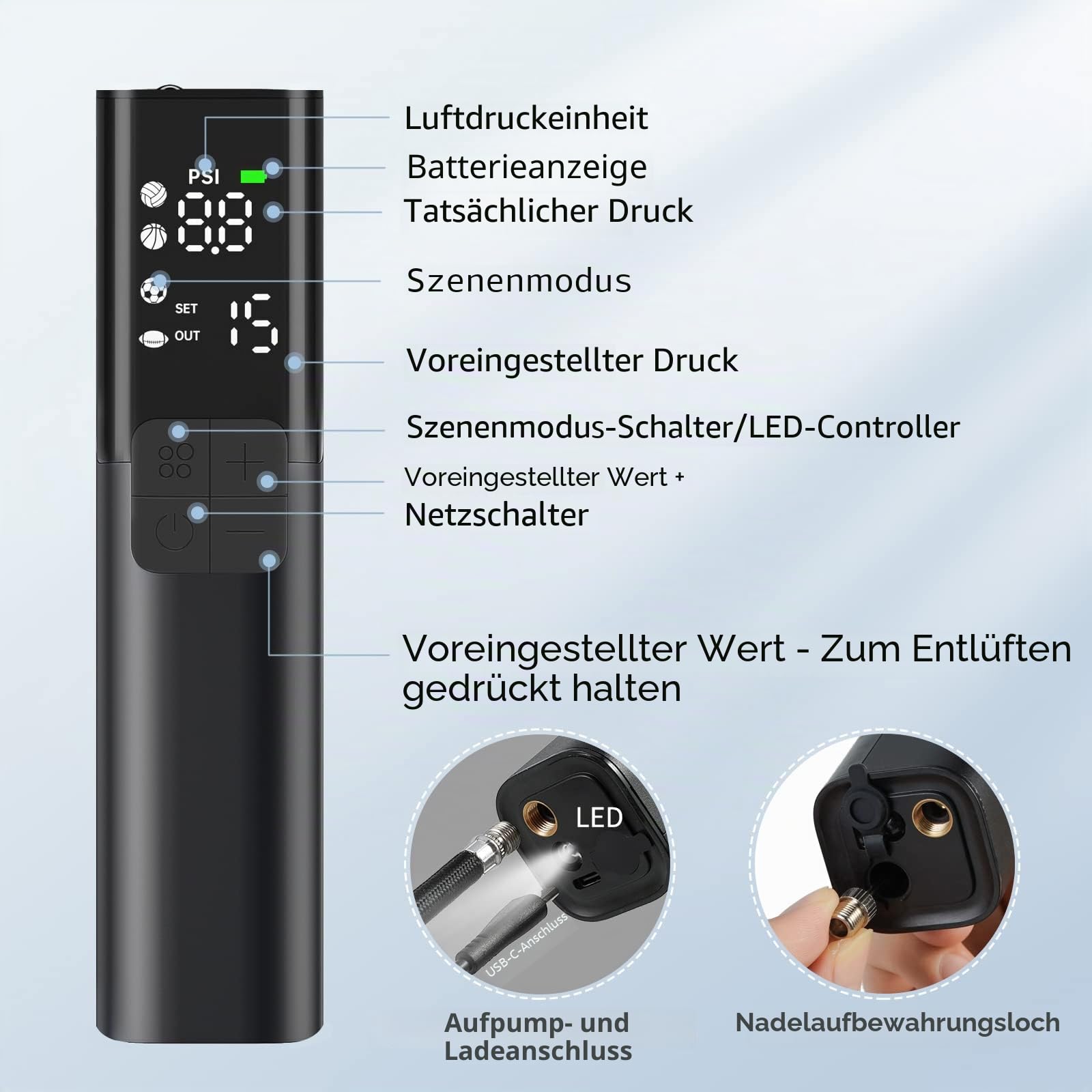 Pumteck MY01 Elektrische Ballpumpe mit Aufblasen & Luftablassung, Genaues Manometer und 4 voreingestellte Modi, Automatische Ballpumpe für Basketball, Fußball, Fußball und Volleyball (Max 15 PSI)