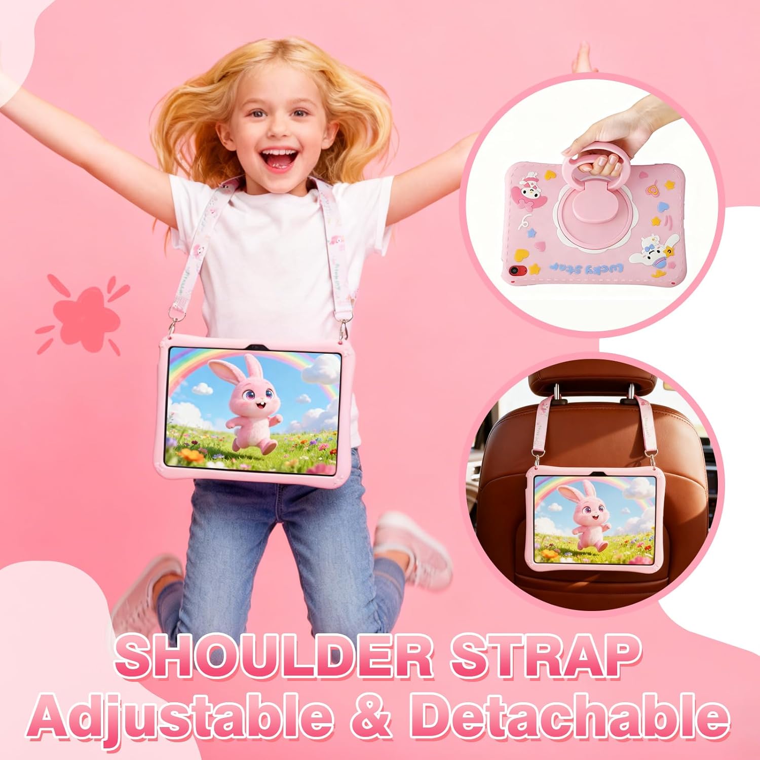 Kids iPad Case for A16 11th Generation 11 Inch 2025 & 10th Generation 10.9 Inch 2022, Pink Cute 3D Cartoon Design with 360 Rotatable Kickstand, Adjustable Strap, Shockproof Protective Cover for Girls
