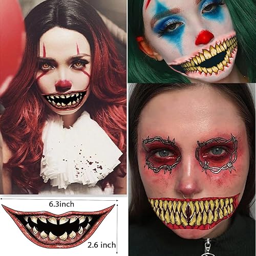 Miniatura 3 de 10 calcomanías de tatuaje temporal de Halloween, maquillaje de broma, payaso vampiro, boca de terror, calcomanías de tatuaje falso, boca grande