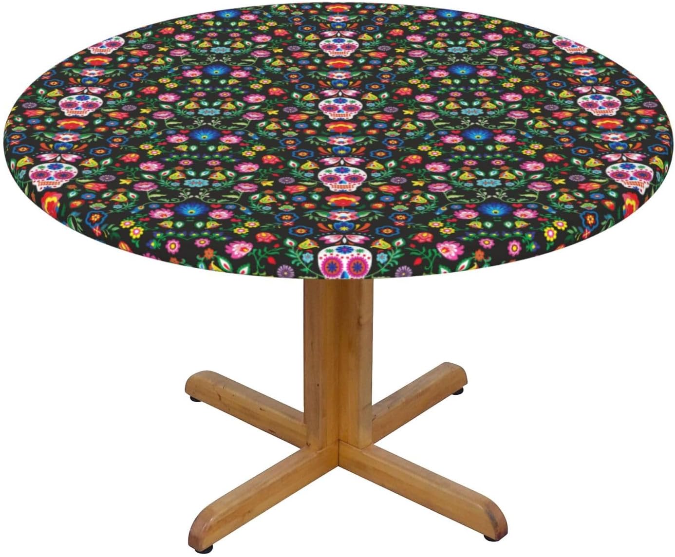Sugar Horror Skull and Flowers Print Outdoor Patio Kitchen Decor Supplies Wipeable Round Table Cloth for Indoor Outdoor