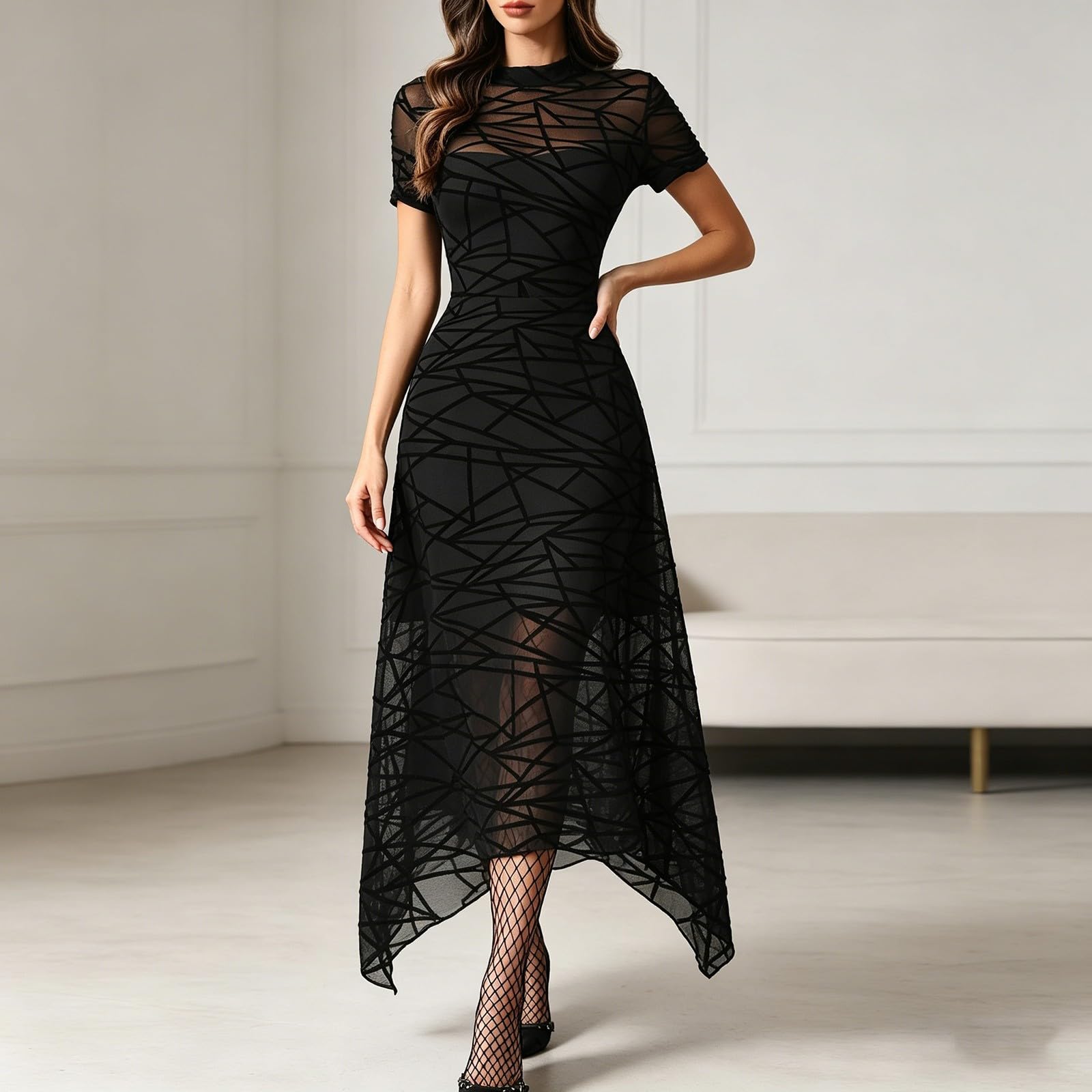 2026 Gothique imprimé Floral Patchwork Double Couche asymétrique décontractée mi-Longue pour Femme décontracté