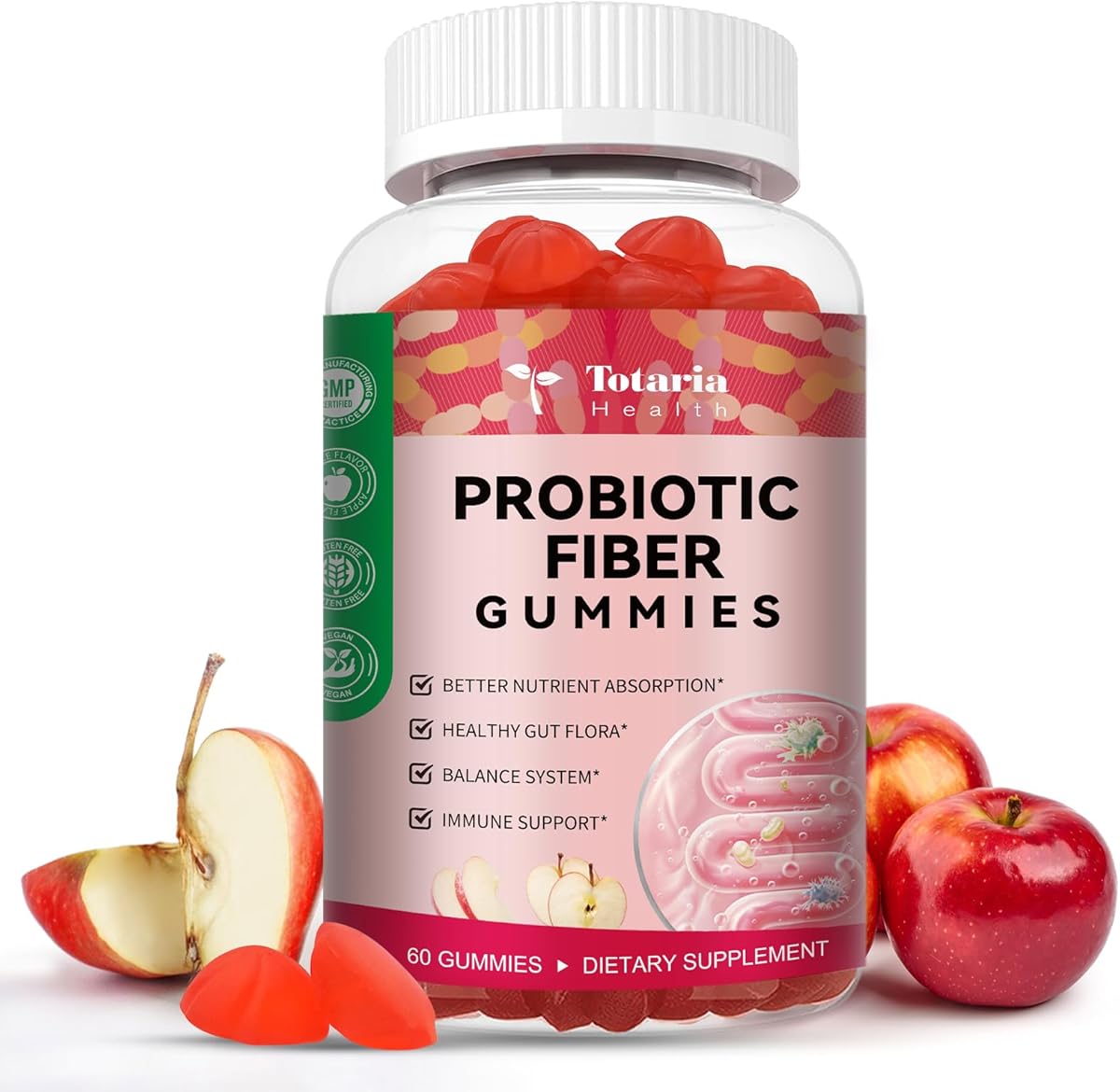 Totaria 9-in-1 Probiotic Fiber Gummies for Adults & Teens 16G Fiber per Serving, Psyllium Fiber Supplement with 5 Billion CFU Bacillus Coagulans, Inulin, ACV for Digestive & Gut Wellness - 60 Gummies