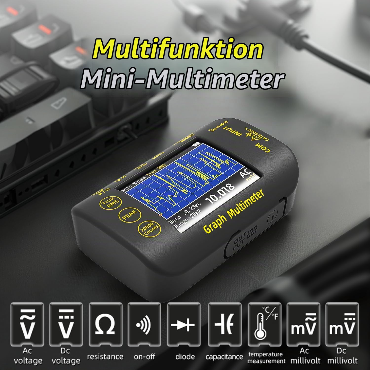 BSIDE Tragbares digitales Multimeter 20000 Wort mV Voltmeter Wiederaufladbar 2.8'' Farbbildschirm Kompaktes Multimeter mit Aufzeichnungsmodus Messen Widerstand Kapazität Diode Max Min Ave Berechnung