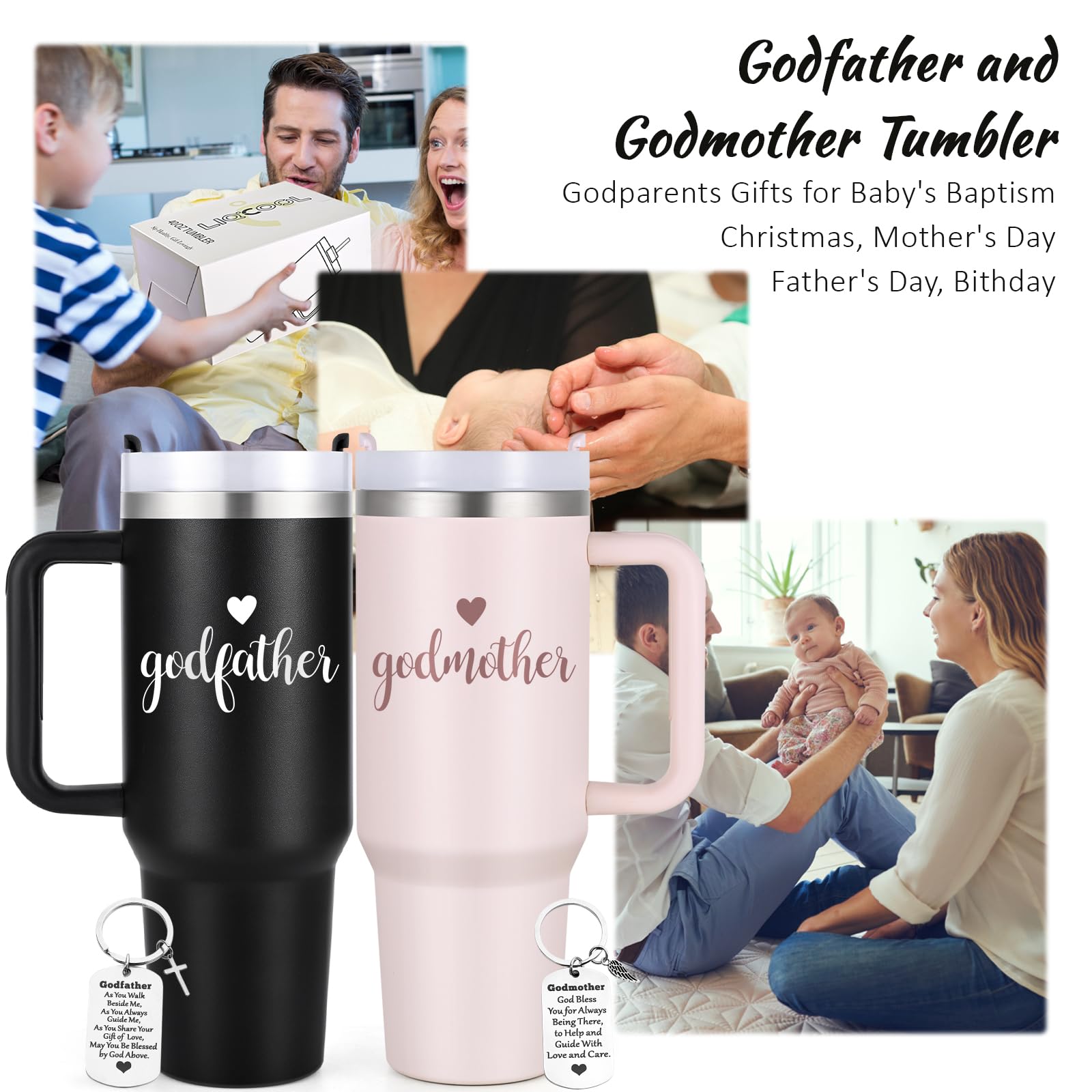 LiqCool Godparents Proposal Gift, 40 Oz Godmother and Godfather Set of 2 Tumblers, Godparents Christening Gifts Ideas from Godchild, Best Christmas Birthday Gifts for Godparents(Black & Pink)