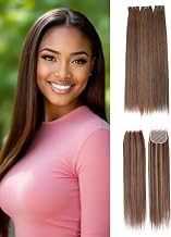 Closure with Bundles Synthetic Hair for Quick Weave, 26 26 26 Inch 3 Bundles with Lace Closure, Heat Resistant Sew in Hair Extensions for Full Head (450g,Natural Mix Brown)