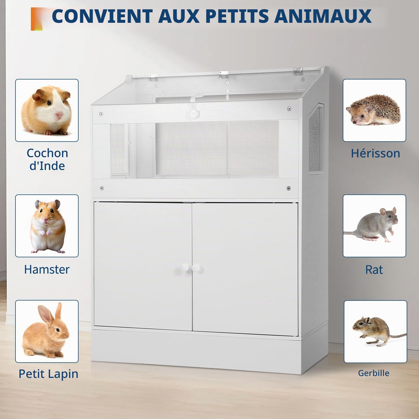 Garvee Grand Cage aérée pour Petits Animaux – Habitat avec Armoire de Rangement et Panneaux en Acrylique Transparent – Idéale pour Hamster, Cochon d’Inde, hérisson, Gerbille – Nettoyage aisé