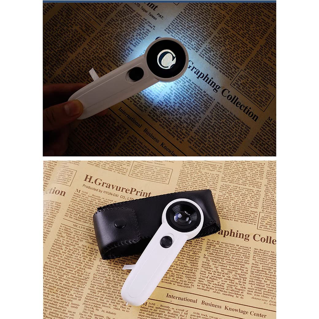 Ręczna lupa 40X z 2 diodami LED, podświetlana lupa z podświetleniem, lupa do czytania dla seniorów Czytaj, monety, znaczki, mapę, białe szkło powiększające inspekcyjne (białe)