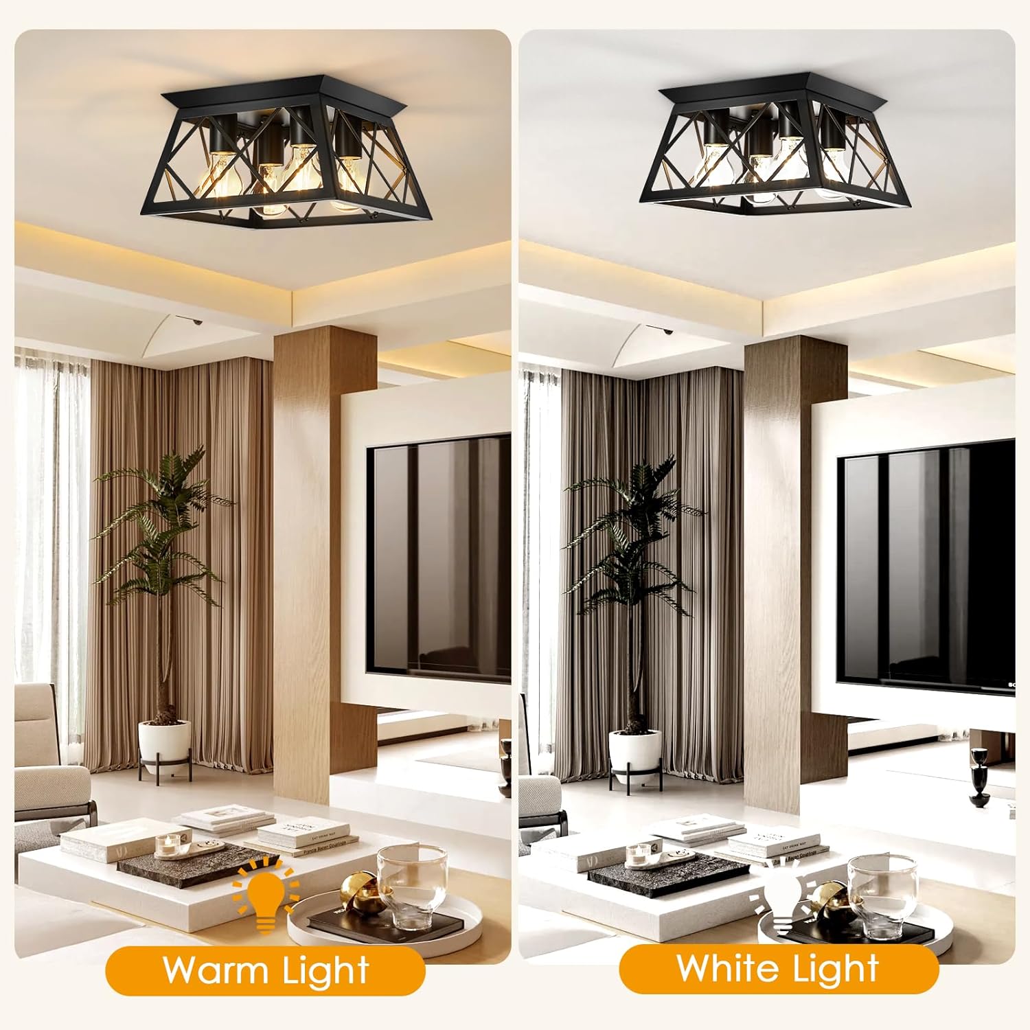 Ceiling Light,4-Light Flush Mount Ceiling Light,Farmhouse Square Light Fixtures Ceiling Mount,Modern Black Ceiling Light Fixture,Kitchen Lighting Fixtures Ceiling,Light Fixture For Bedroom,Hallway