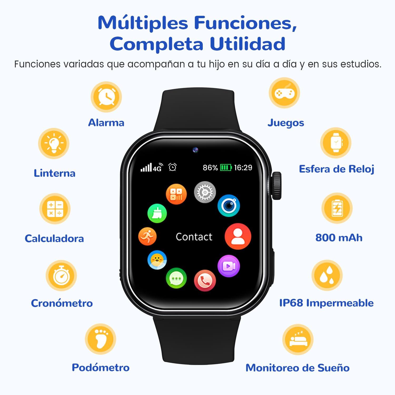 4G Reloj Inteligente Niño con GPS y Llamadas, Doble Cámara, Linterna, Negro