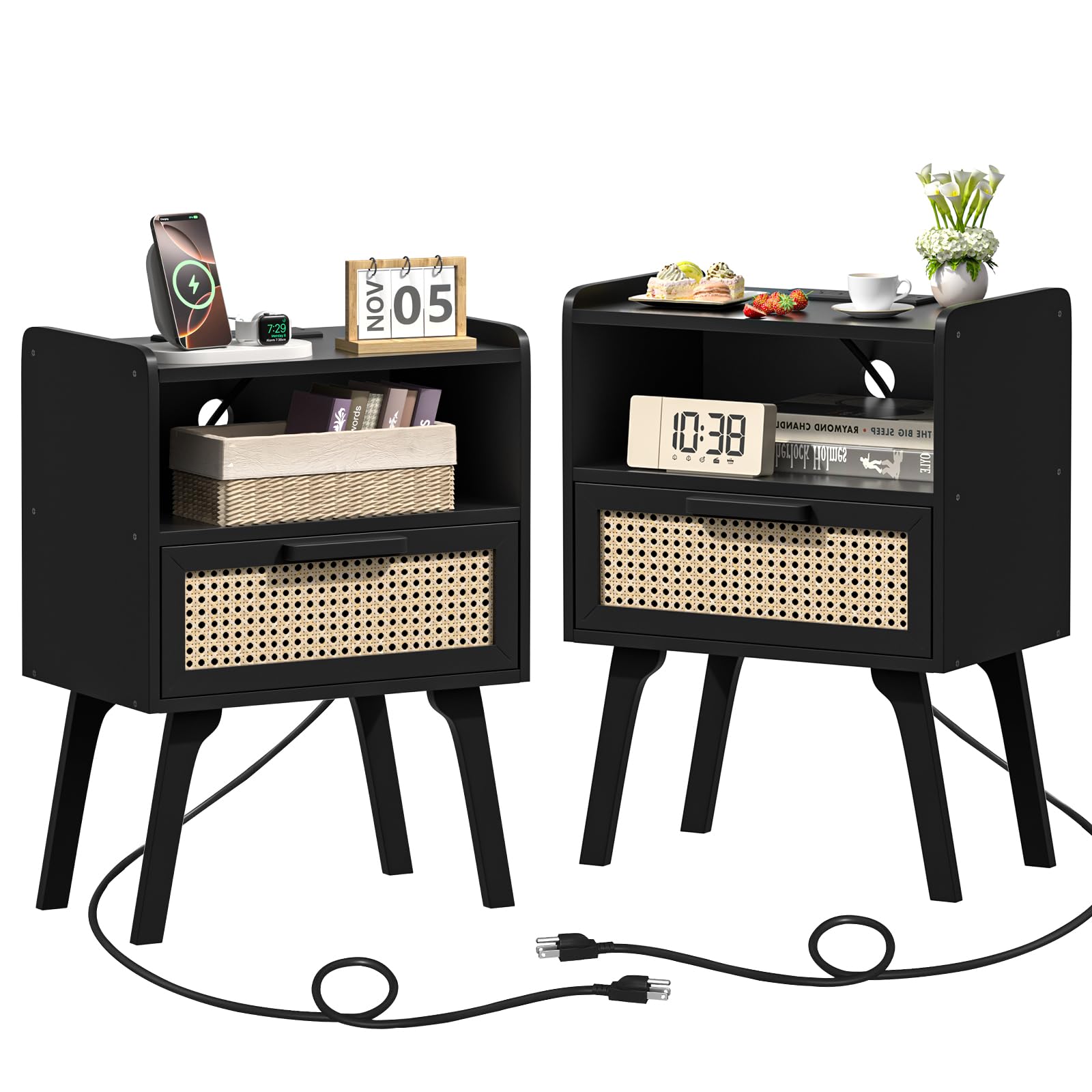 Lerliuo Rattan Nightstand with Charging Station
