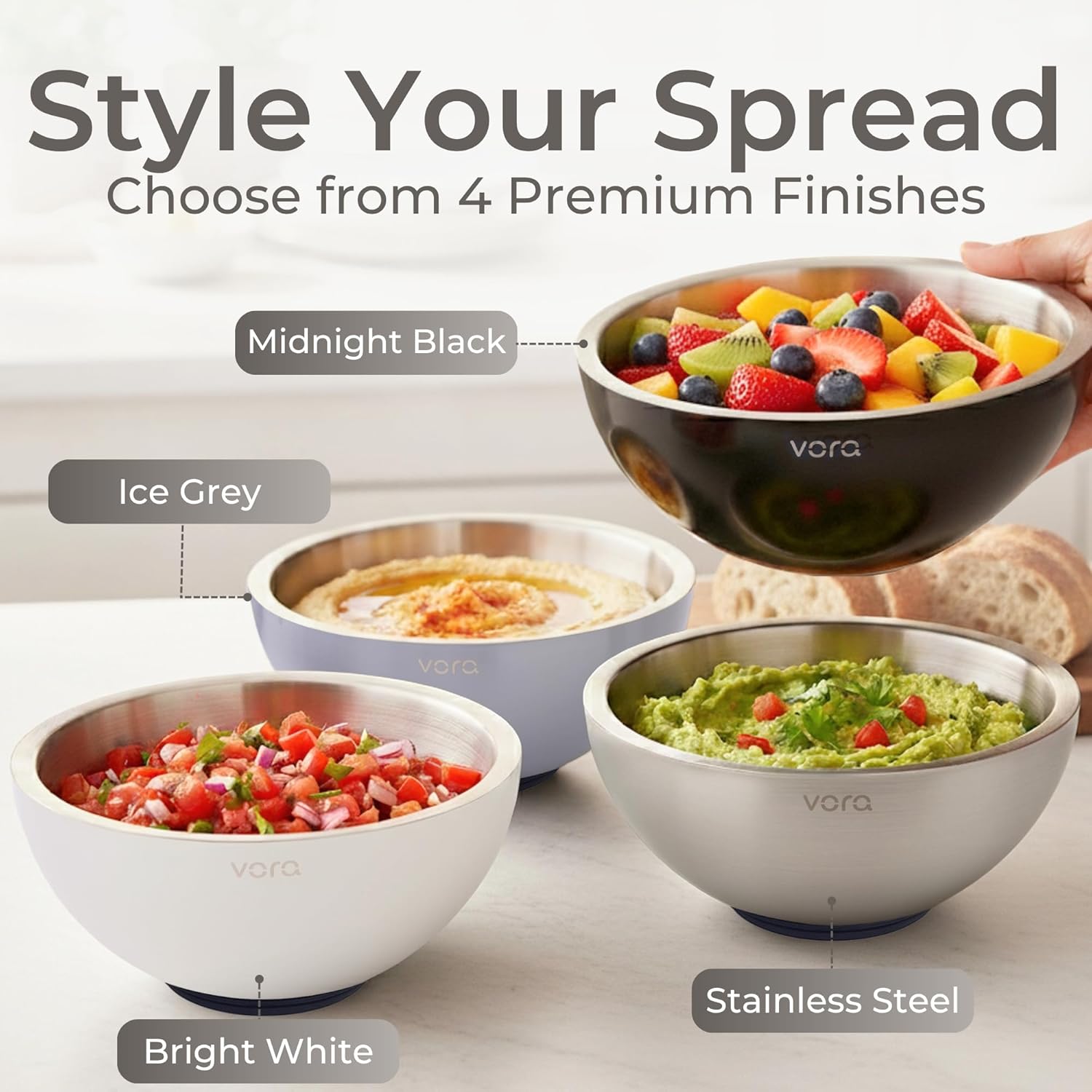 Vora 70oz Dip Chiller Bowl with Lid | Black Stainless Steel Chilled Dip Bowl for Dips, Guacamole, Hummus, Salsa | Insulated Serving Dishes with Easiest Water Fill & Refillable Chamber