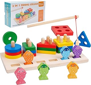 Montessori Toys for 1 2 3 Years Old Boys Girls Magnetic Fishing Game Wooden Sorting & Stacking Toys for Baby Boys and Girls, Color Recognition Shape Sorter Blocks Stuffers Stacker Shape Sorter Gift