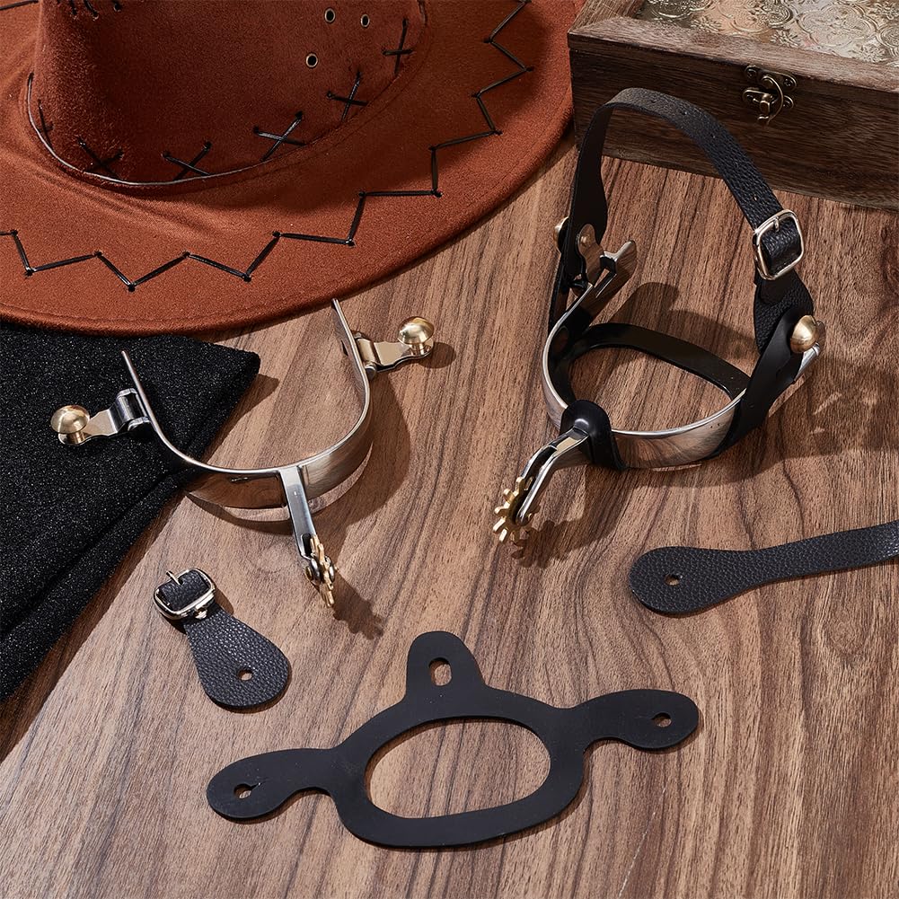 WEBEEDY 2 Paket Edelstahl Sporen für Cowboy Stiefel mit Festzurrgurten,Leder Gürteln,Western Pferd Reiten Sporen Drehbares Zahnrad für Cowboy Stiefel Training Wettbewerb Zubehör