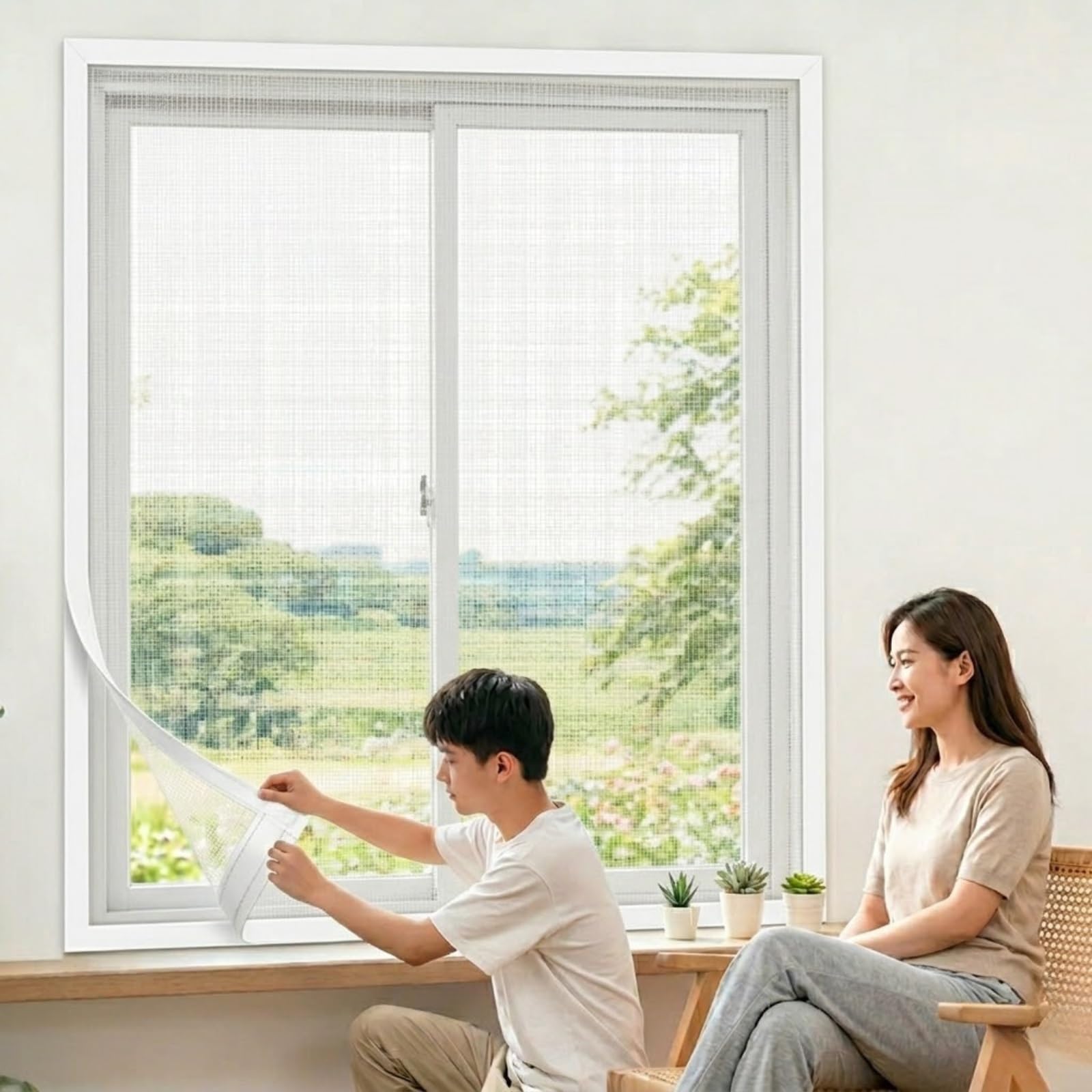 Fiberglass Mesh Insect Screen, Washable Cat Scratch Resistant Self-Adhesive Screen, No Drill Installation Reusable Mosquito Net for Bedroom Kitchen Caravan Temporary(White,100x120cm)