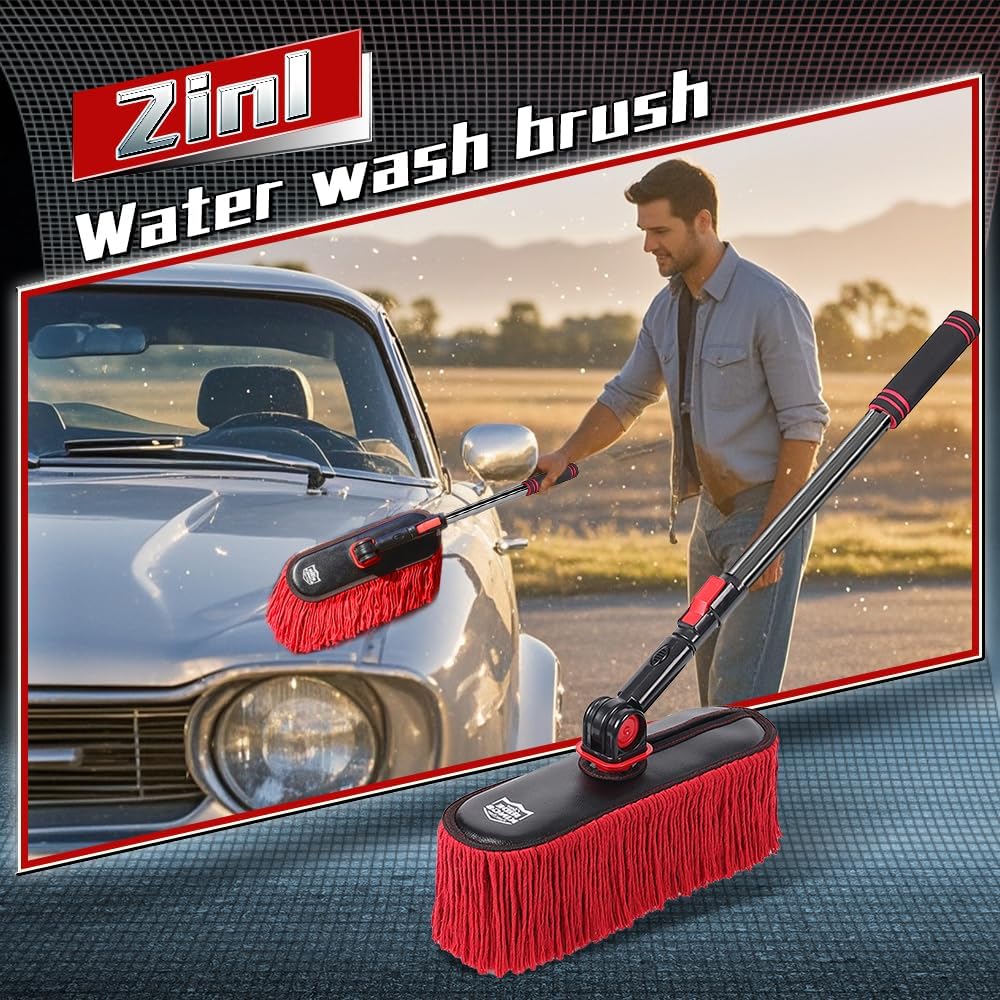 Car Cleaning Supplies Duster, 2In1 Brush For Car Exterior, Chenille Car Wash Brush Mop & Wax Cotton Car Duster Mop, Remove Dust, Retractable Steel Pole for Boat Truck RV, Gifts for Men Women