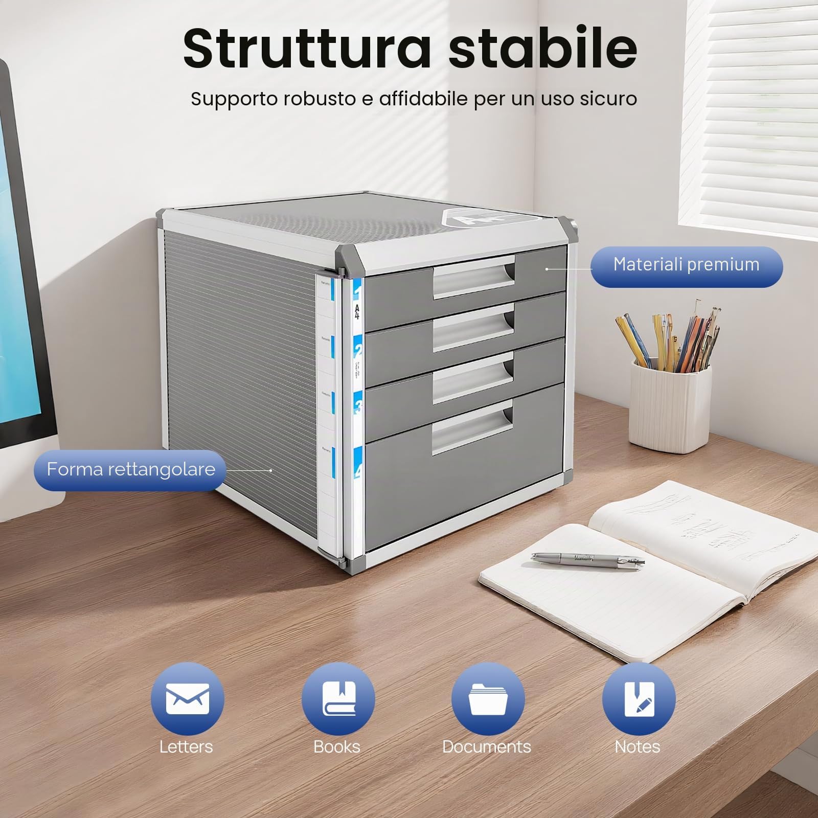 Cassettiera a 4 scomparti, con chiusura a chiave, organizer da scrivania, formato A4, organizer da tavolo, organizer per lettere, adatto per tutti gli uffici