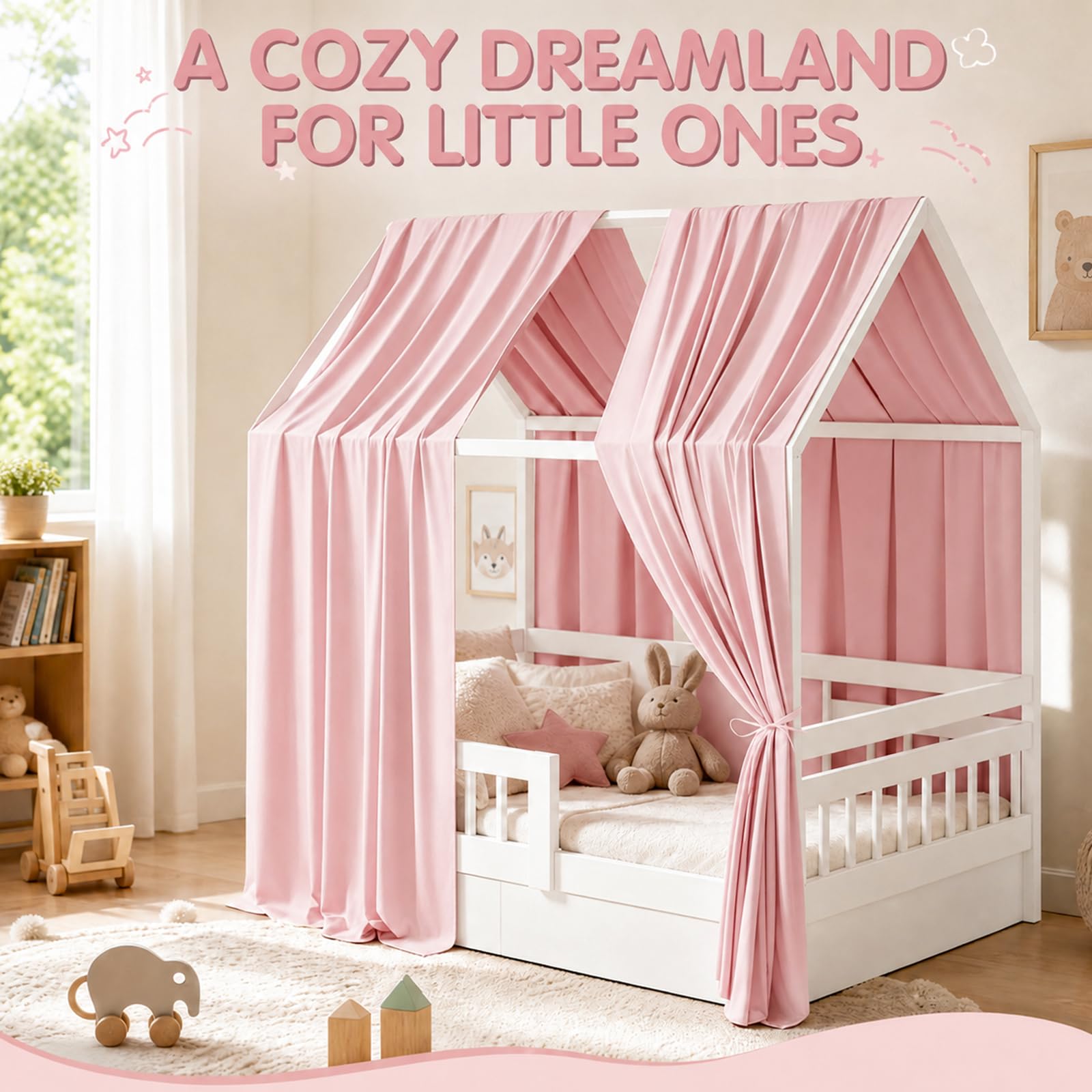 Dosel para cama de casa, 2 piezas, muselina para camas de casa para niñas y niños, cortina de cama con dosel, cortinas para cama infantil, decoración de habitación infantil (rosa, 135 x 350 cm