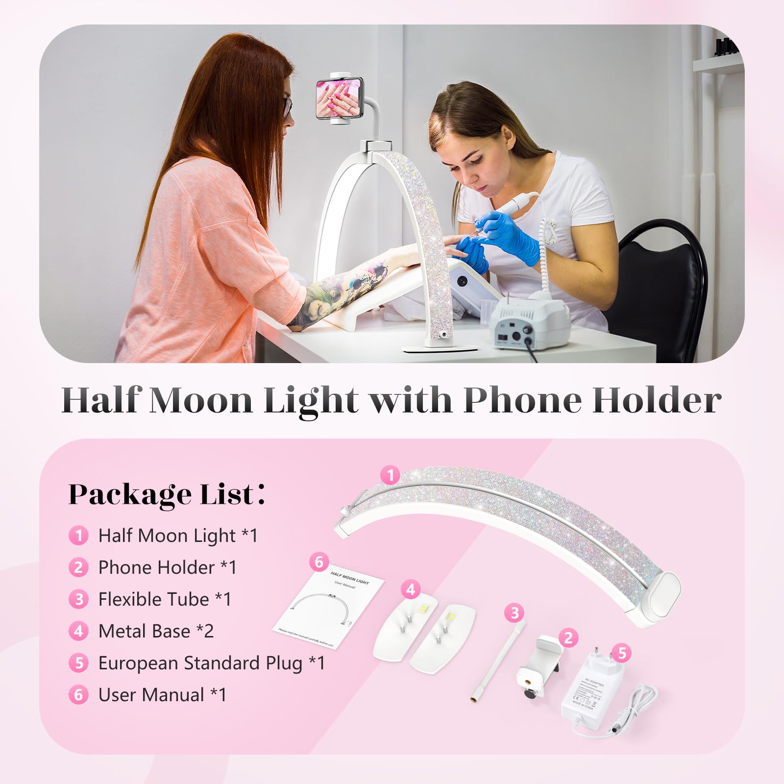 lampa do rzęs LED, półksiężyc, obracana, 360°, półksiężyc, piękno, oświetlenie stojące z uchwytem na telefon, ściemniana lampa przedłużająca rzęsy do tatuażystów, biała z diamentem
