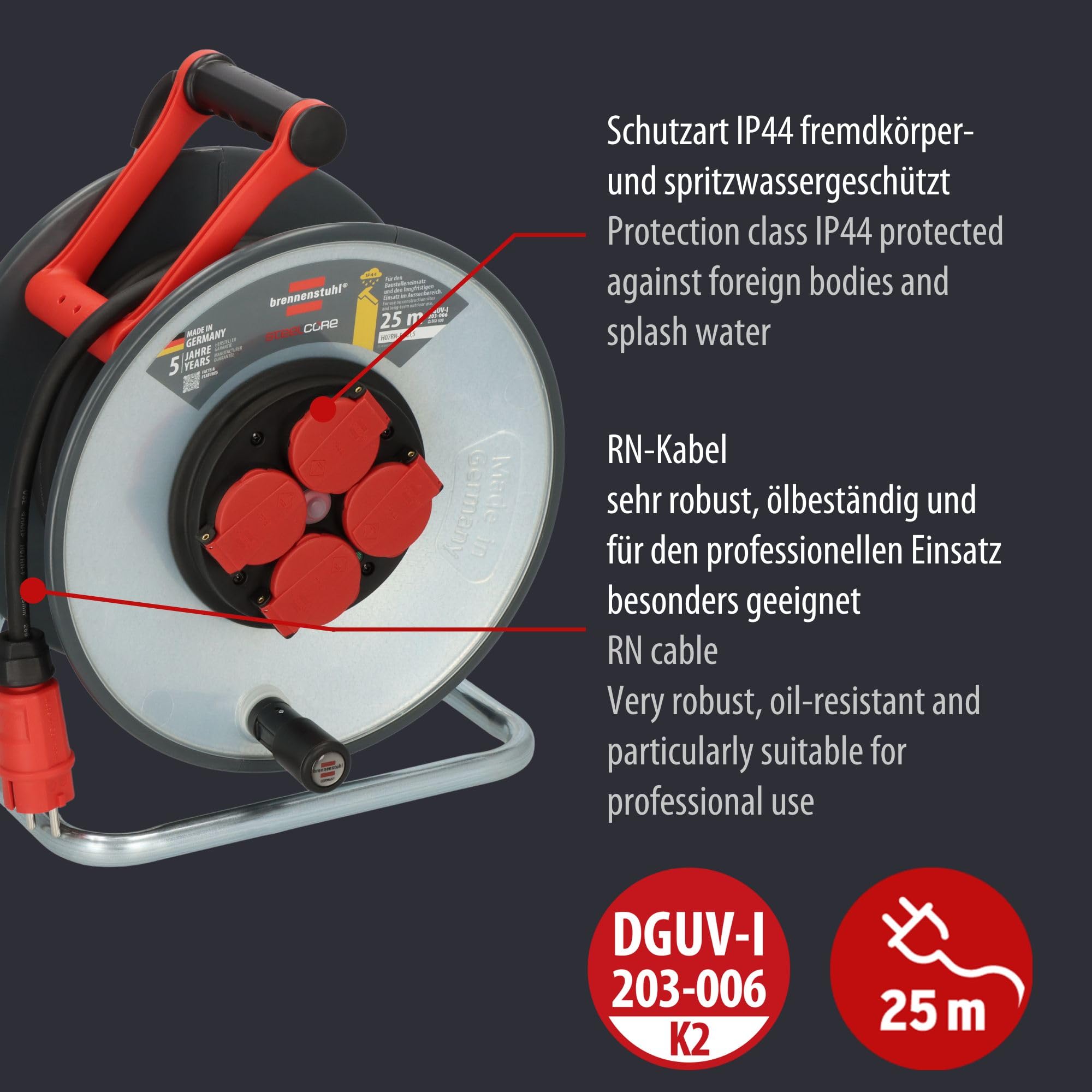 Brennenstuhl Tamburo professionale SteelCore SC 2200 IP44 (25 m H07RN-F 3G2,5, trommelkörper aus Stahlblech, Baustelleneinsatz und ständiger Einsatz im Freien, Made in Germany)