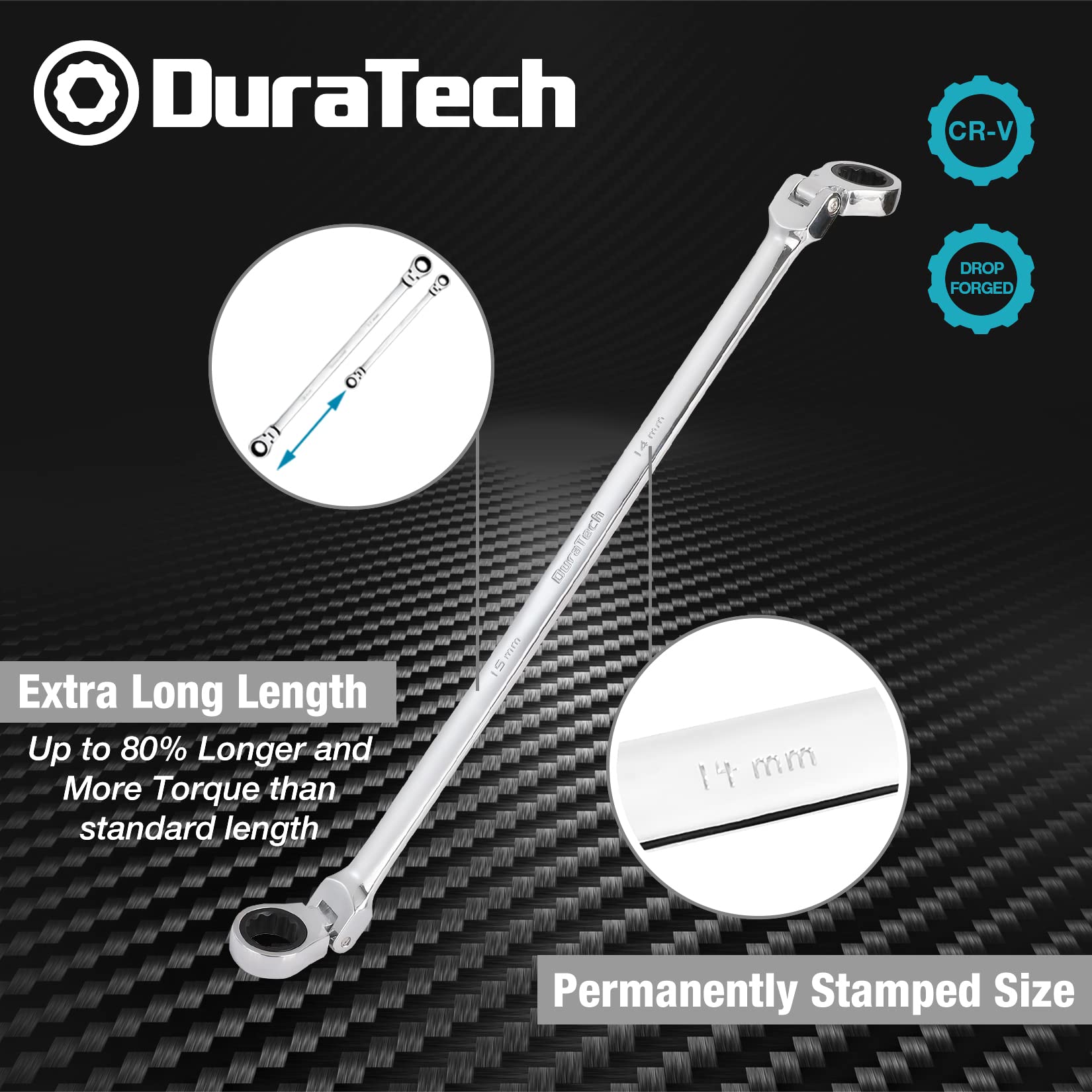 DURATECH 14 * 15 mm Extra Long Flex-Head Ratcheting Wrench, Metric, CR-V Steel