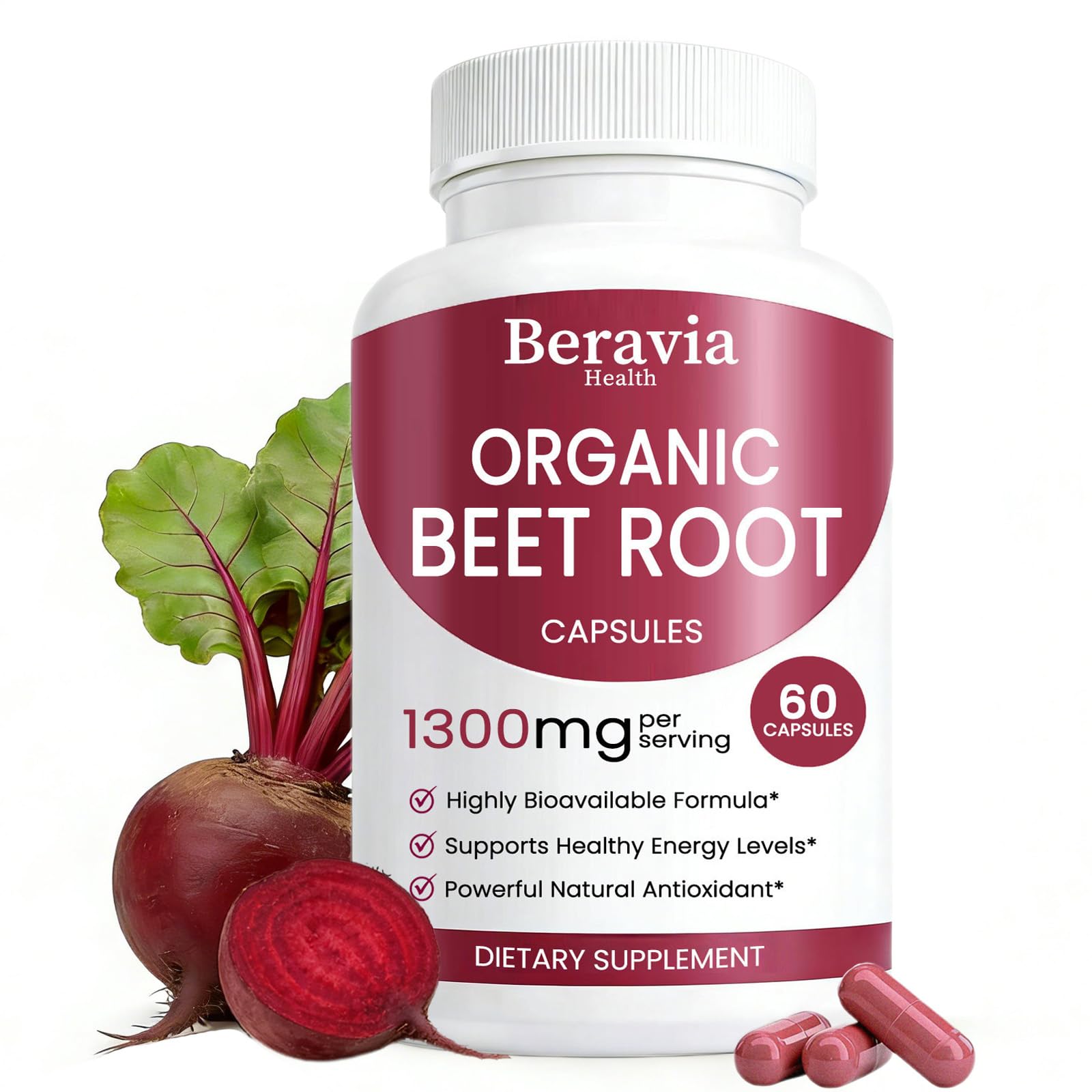Beravia Health Organic Beet Root Capsules, Beetroot Capsules 1300mg | Support Healthy Circulation & Vitality, Natural, Vegan & Non-GMO, Beet Root Supplement for Women & Men - 60 Capsules (1 Bottle) - 2