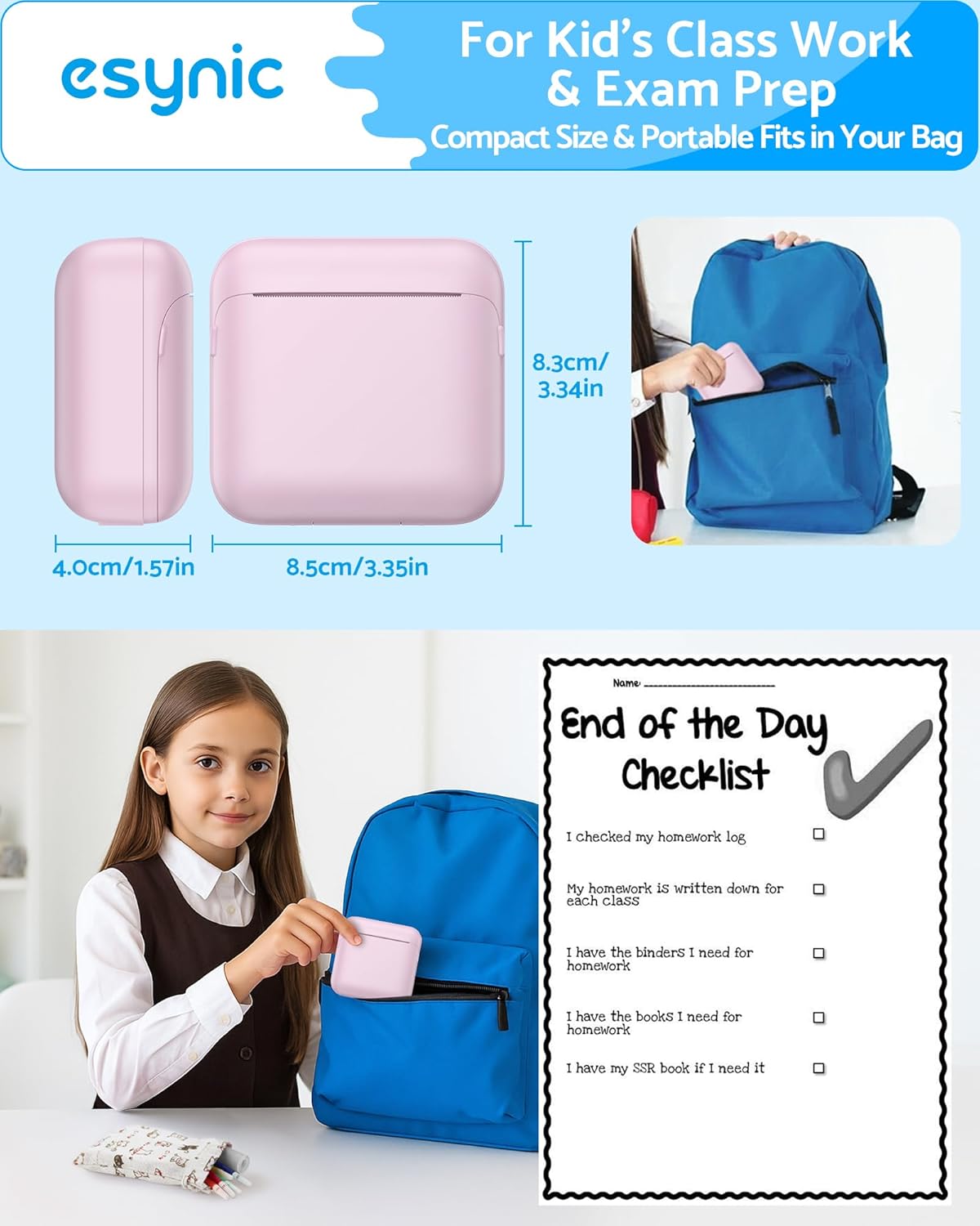 eSynic Mini Sticker Printer-1200mAh Rechargeable Battery-Bluetooth Portable Thermal Printer-Lnkless Printing- APP With 1000 Templates-5 Roll Adhesive & 5 Thermal Paper-6*Color Pens-for Notes/Photo etc - Image 2