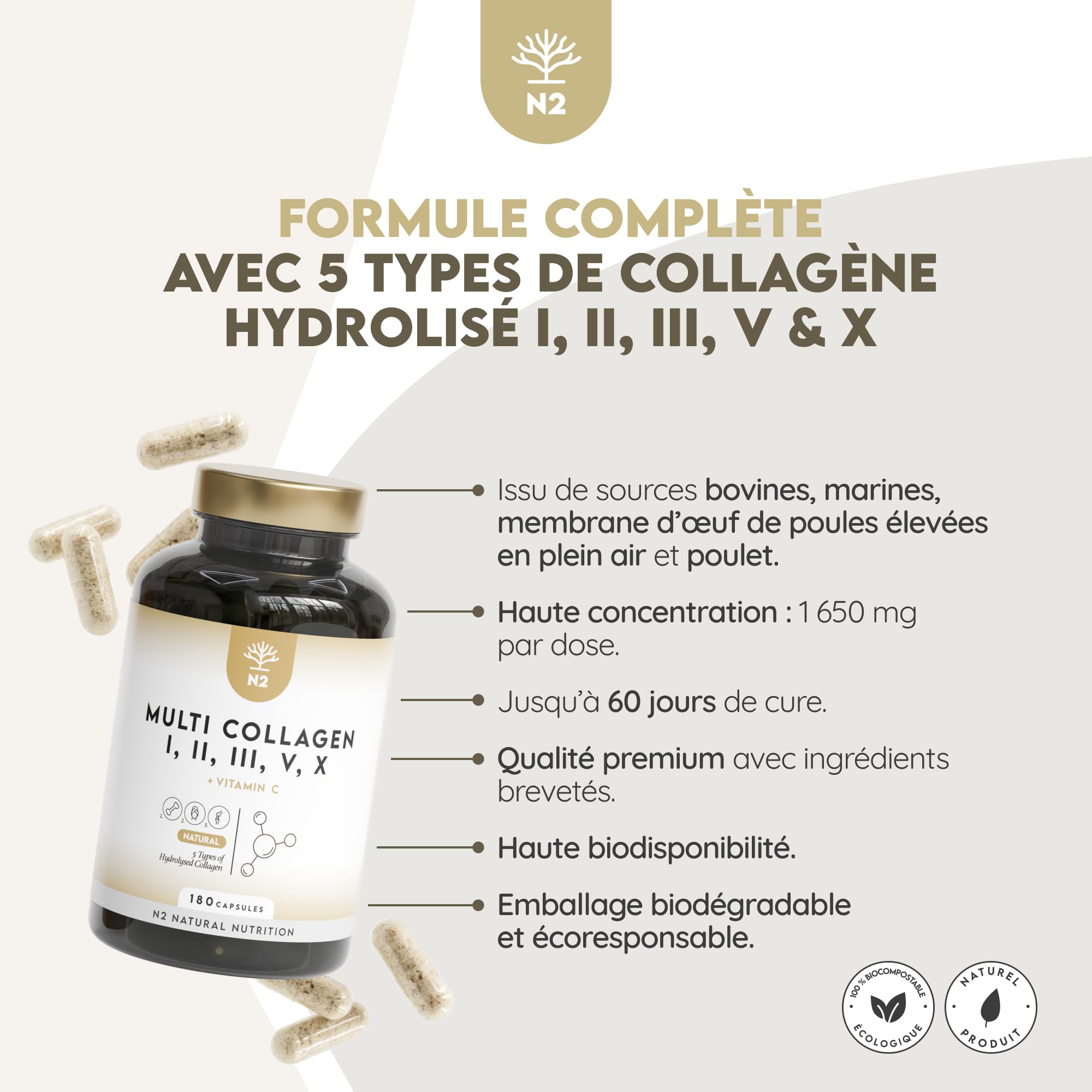 Multi Collagene + Omega 3 N2 Natural Nutrition: Pack 2 Prodotti Collagene Tipi I II III V X con Vitamina C e Olio di Pesce 2000 mg EPA 700 DHA 500 180 Capsule e 120 Softgel
