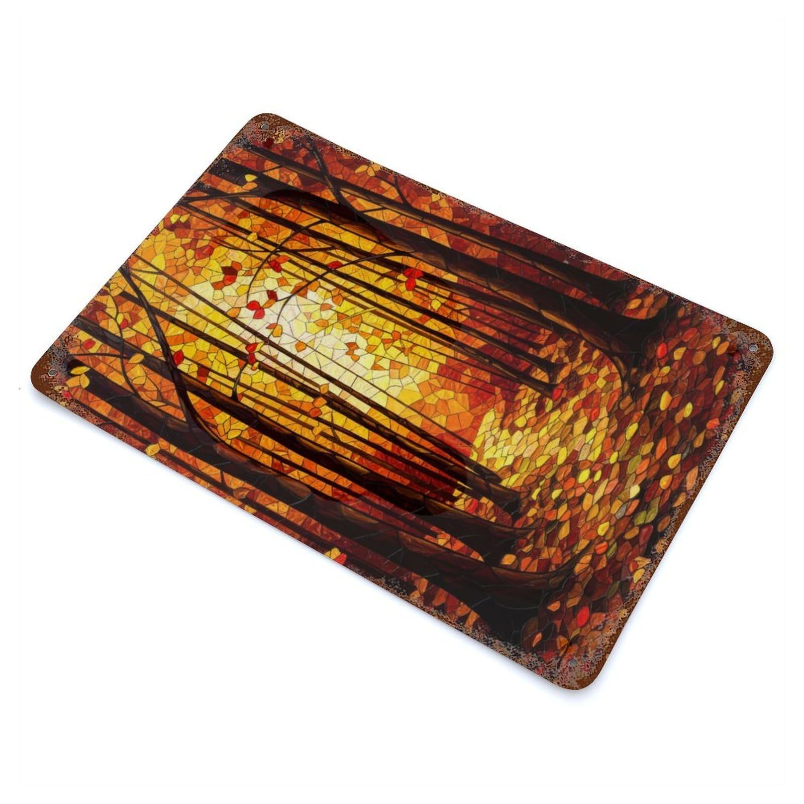 Rust Effect Autumn Forest Mosaic Rusty Metal Tin Sign 11.8"x7.9", Rustic Home Decor for Bistro, Counter And Cafe Decor