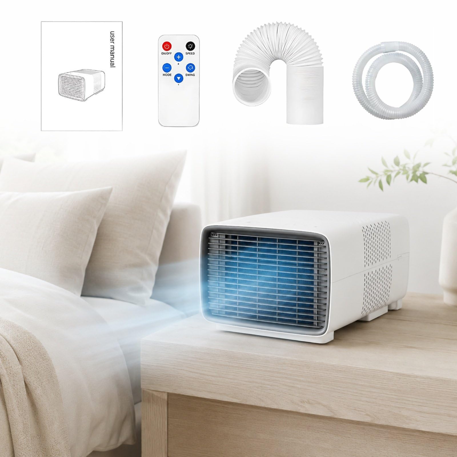 Aire Acondicionado Móvil Pequeño para Habitación, hasta 4㎡, Modos Frío Aire Seco Ventilador, Temperatura 16-32°C, Tubo de Extracción y Drenaje Incluidos