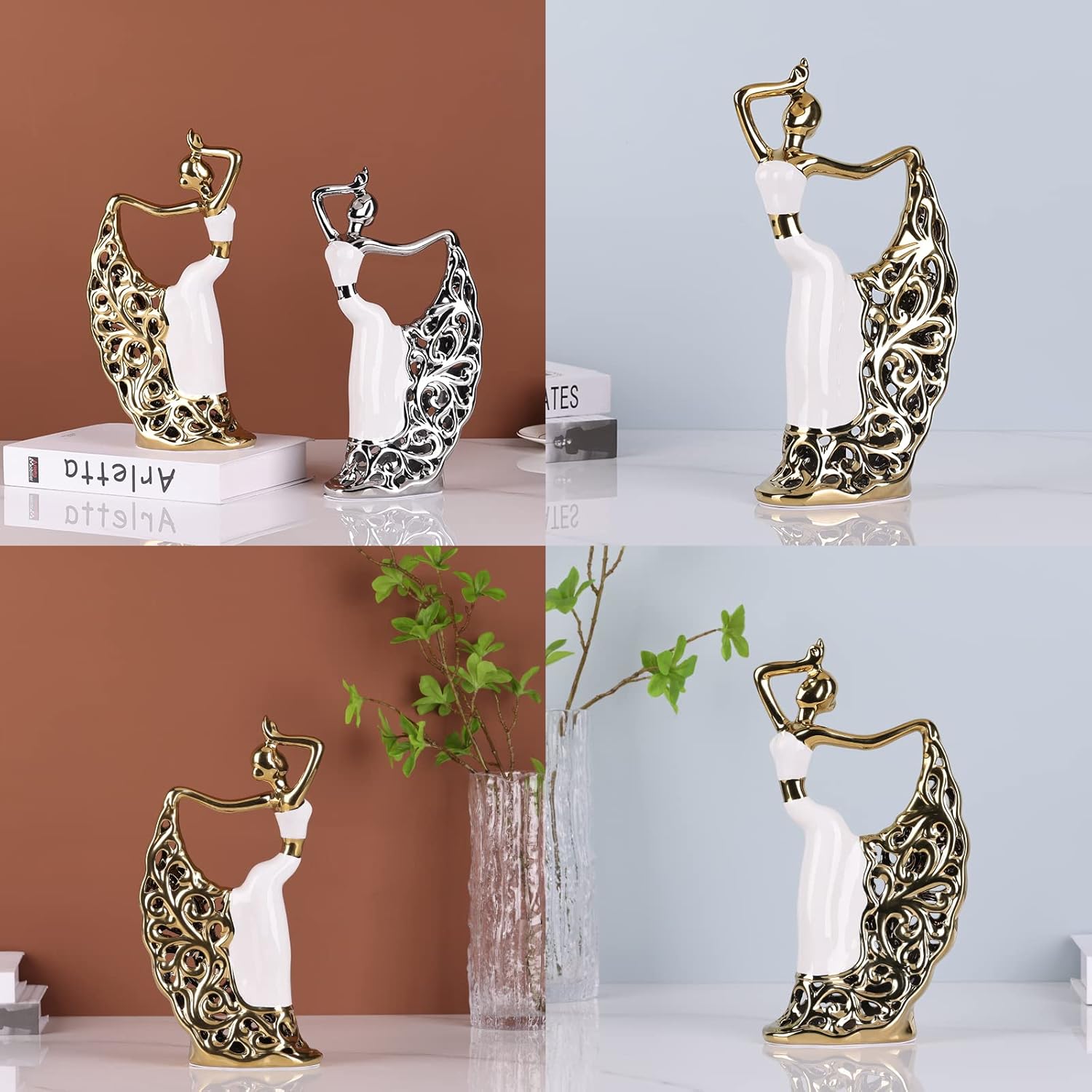 DOVDOV Peacock Statue and Sculpture, Female Dancer Sculpture, Modern Home Golden Ceramic Statue for Coffee Table, Entrance, Living Room, Bedroom Office Decoration Accessories (White Gold) - Image 5