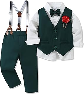 Toddler Boy Clothes Suit Formal Dress Shirt+Bowtie+Vest+Boutonniere+Suspender Pants Boys Gentleman Outfits Set - Buy now