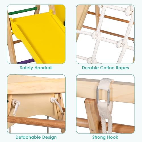 Miniatura 7 de Kinder King Juguetes de escalada de madera 10 en 1 para niños, gimnasio de la jungla con tabla de dibujo, tobogán, escalada en roca y red, escalera,