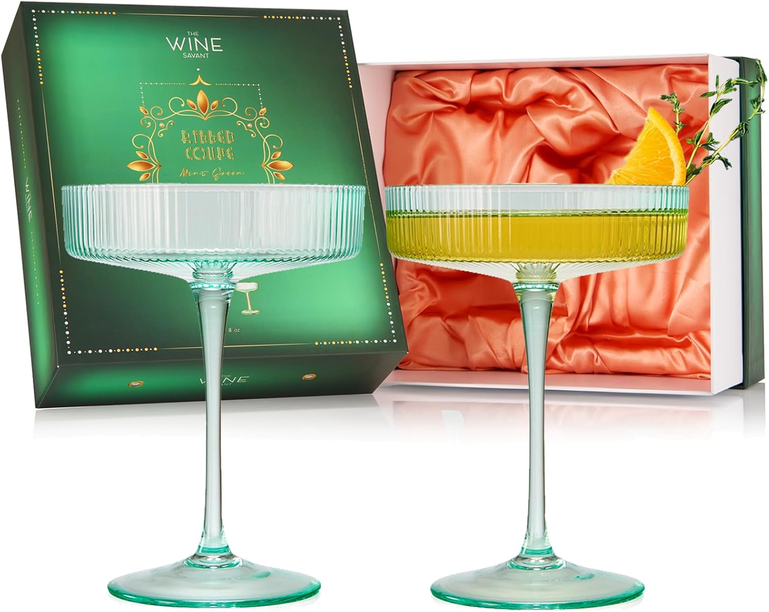 Vintage Art Deco Coupe Glasses, Martini, Champagne & Cocktail Ribbed Glass 7 oz | Set of 2 | Crystal, Manhattan, Cosmopolitan, Sidecar Cocktail Glassware for Champagne , Ripple Glassware - Gift Box