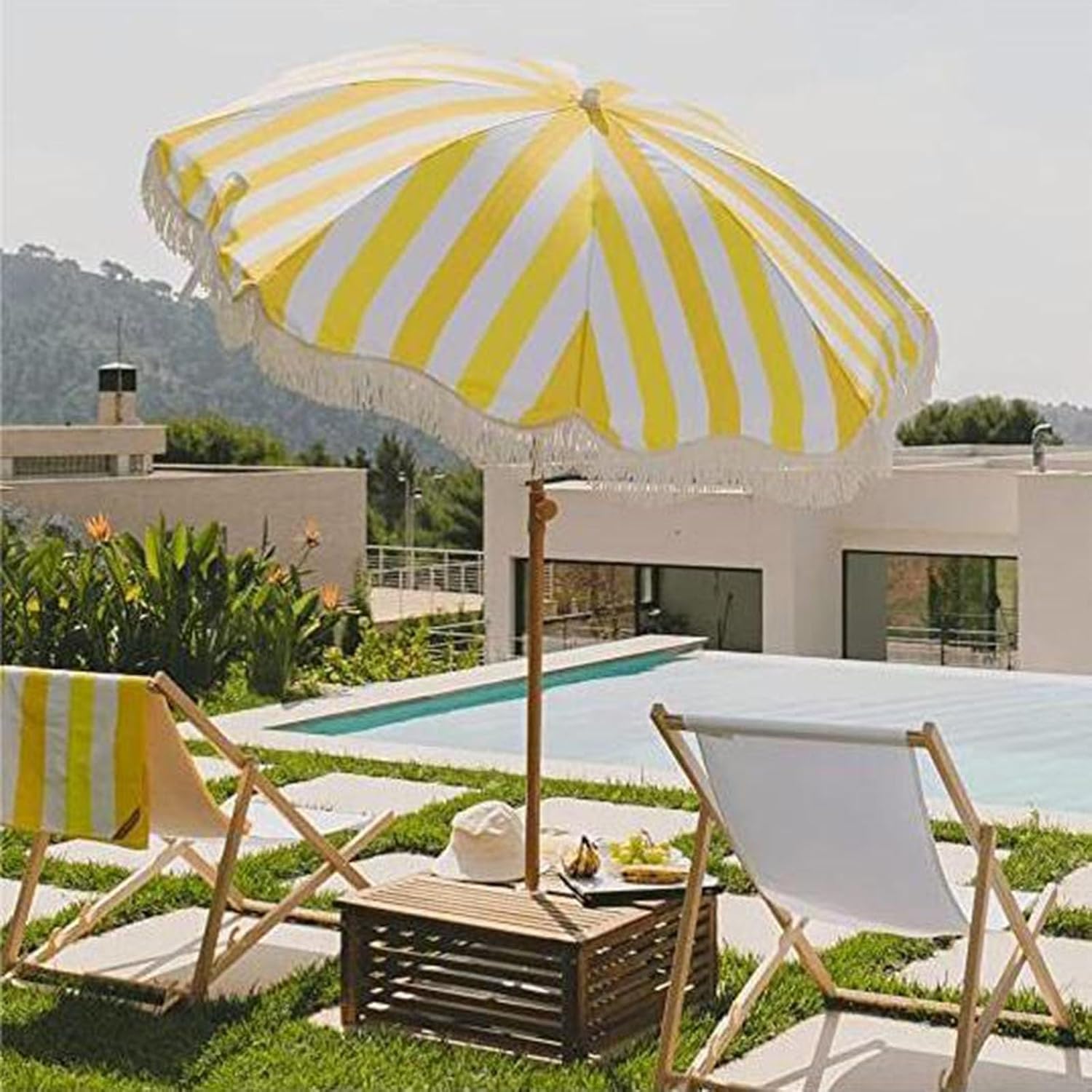 2m Parasol Z żółtego Włókna Z Frędzlami, Parasol Plażowy, Parasol Kempingowy Na Patio, Gelb