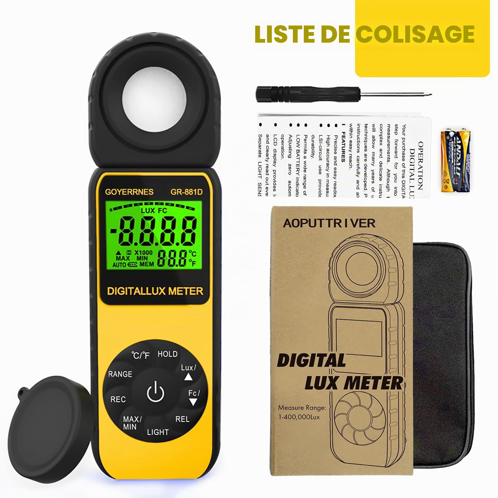 Luxmètre 0~400,000 Lux Photomètre numérique GR-881D Luxmètre portatif avec Mesure de la luminosité de l'intensité de la température ambiante avec Maintien des données Max/Min.