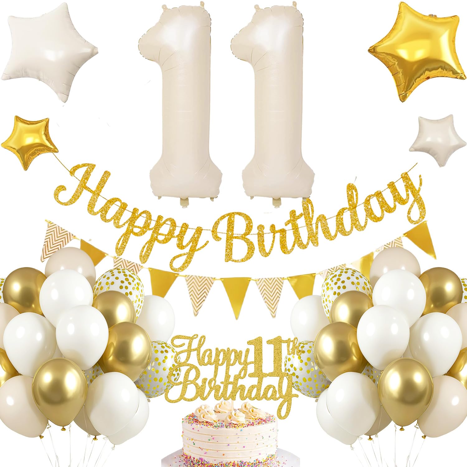 11th Birthday Decoration, Balloons 11th Birthday Beige Gold, Birthday Decoration for 11 Years Girl Boy, Happy Birthday Garland Balloon 11 Decoration for Birthday, 11th Birthday Balloon Decoration Set