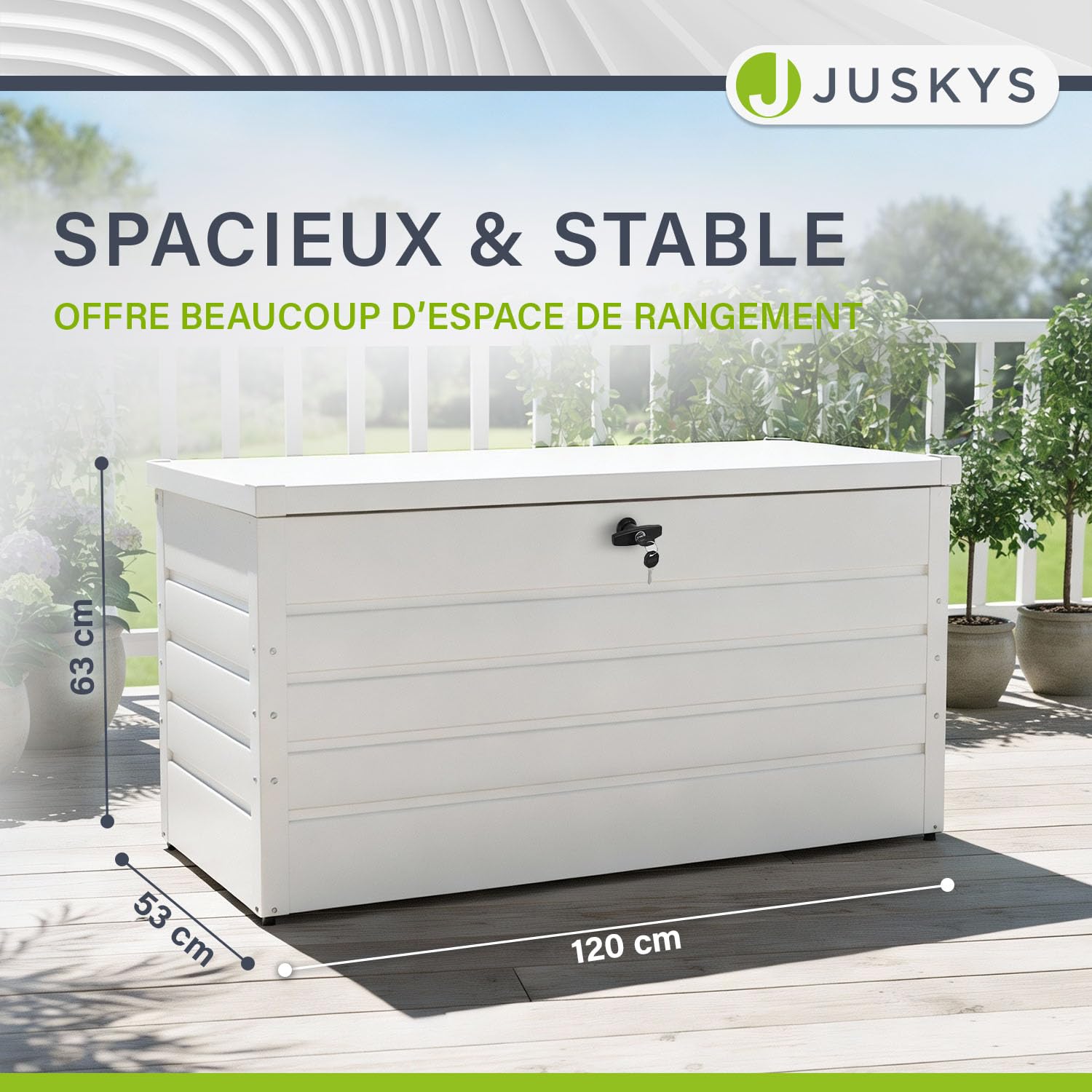 Juskys Boîte de rangement en métal Limani 380 L étanche verrouillable jardin blanc
