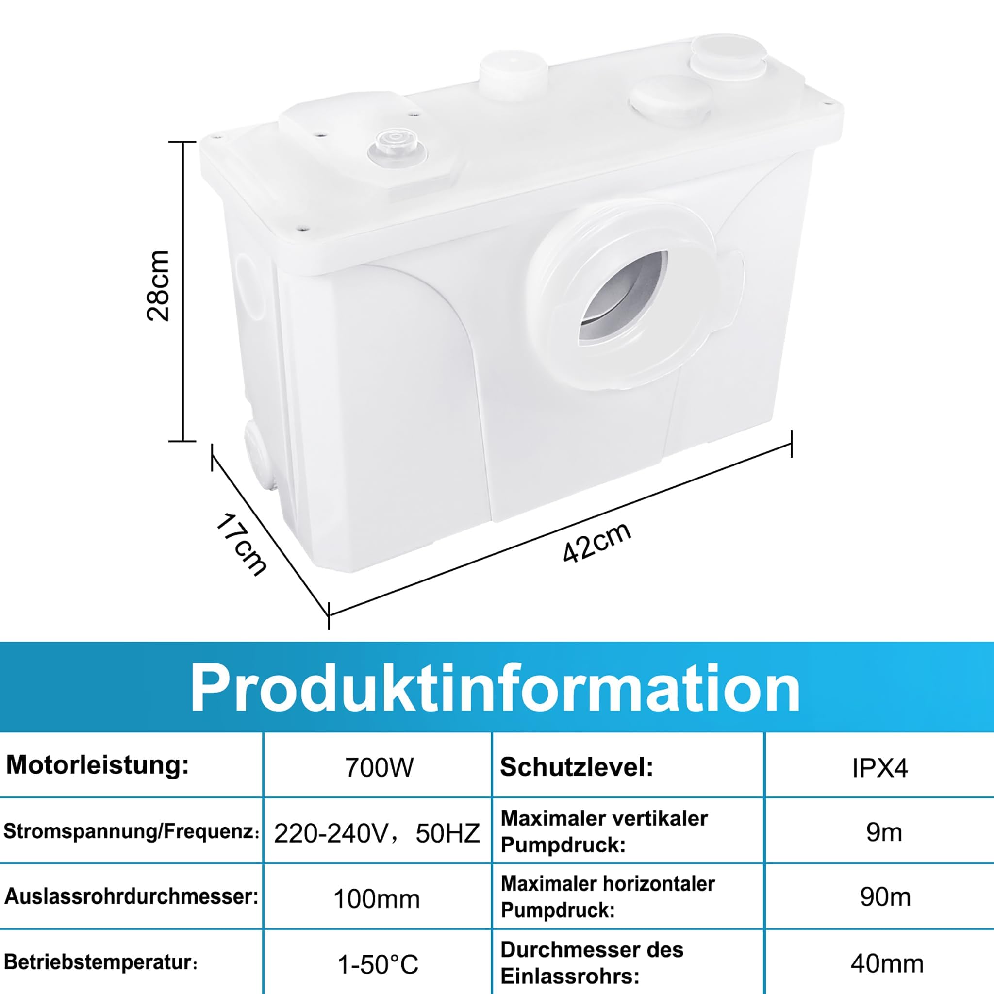 LARS360 Impianto di sollevamento per feci 700 W, 180 l/min, pompa domestica con valvola di ritegno integrata, sistema di sollevamento fecale, per cucina e WC