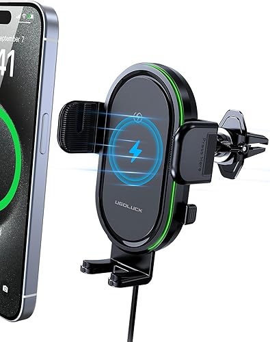 Cargador inalámbrico para automóvil, UGDLUCK de carga rápida de 15 W, soporte para cargador de automóvil con luces de colores, salpicadero,