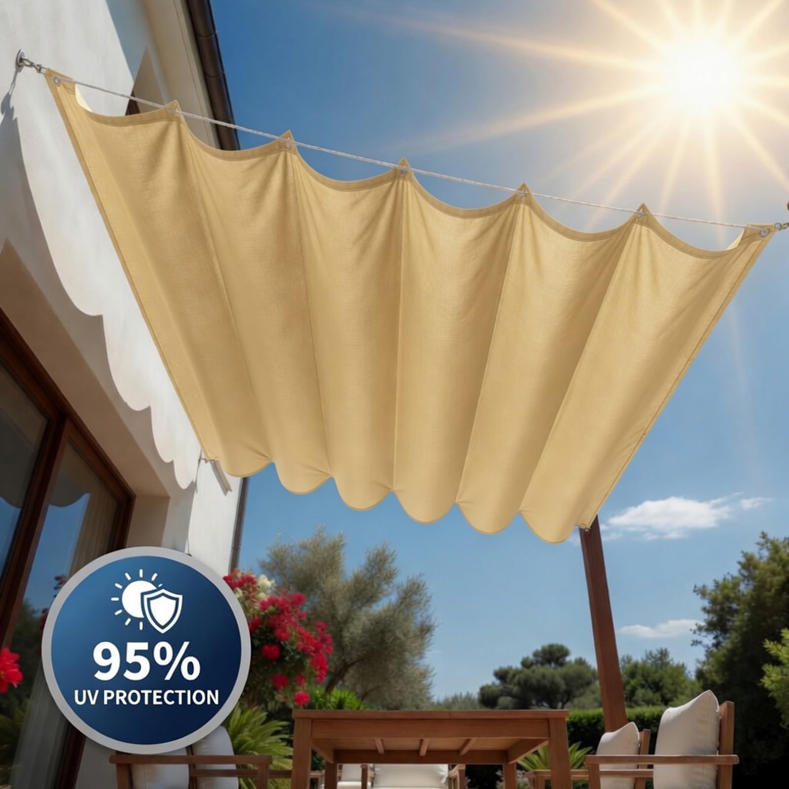 Toldo Retráctil Ondulado 2.3 x 9 m Ajustable Ondulada Toldo Vela de Sombra Protección de La Privacidad Resistente Al Desgarro para Patio Jardín Terraza, Amarillo Arena