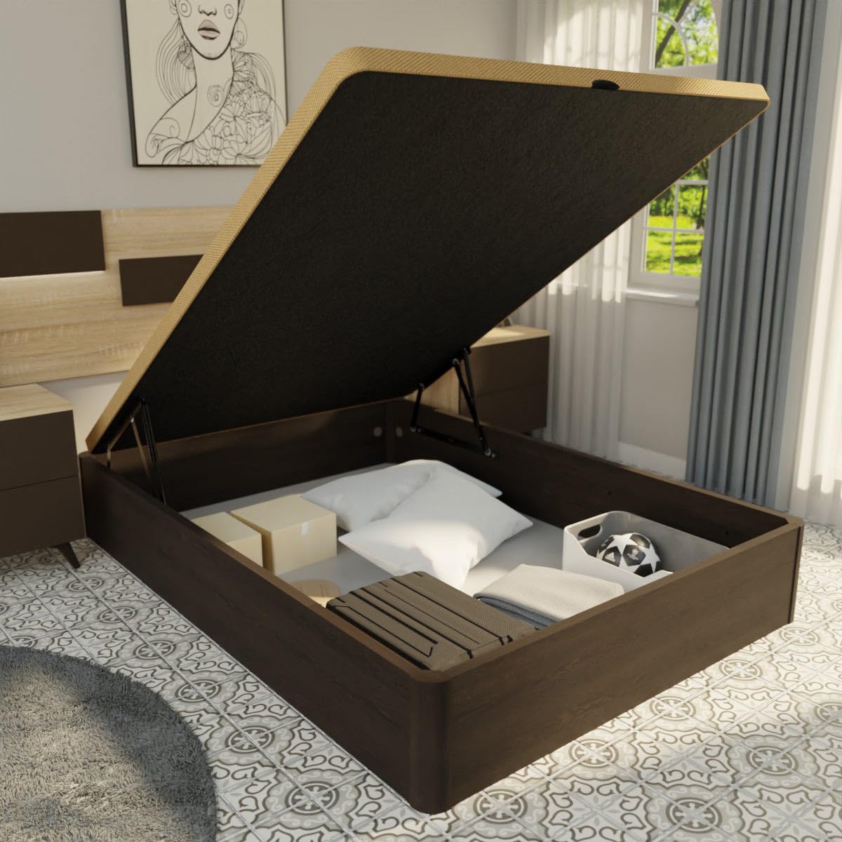 Homey - Canapé Abatible Súper Reforzado Gran Capacidad con Tapa Transpirable, Esquinas Redondeadas, 135 x 180, Wengué