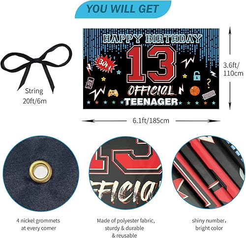Miniatura 2 de Cartel oficial de telón de fondo para puerta de cumpleaños de 13 años, decoraciones de feliz cumpleaños para niños y niñas, rojo y azul de 13 años,